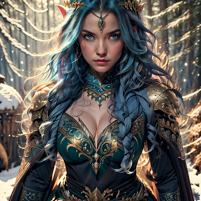 Wearing an ice crown、nude Woman, topless, snowflake brooch. long blue hair, long blue hair. Winter queen, elf princess, portrait of uma elf queen, elf queen, winter princess, uma elf queen, type germ em artstation pixiv, whole body. standing in the snow,In front of you is a huge ice castle. rpg character. medieval era. elf woman. Red-haired elves. blue eyes. Forest Elves. Forest Elves Warrior. Elf Archer. Medieval archers. archery. Organic Amadurlah. Moss green armor. soft lighting. Standing in the middle of the forest. Dense forest. bioluminescent mushrooms. fantastic environment. sunlight. sunshine. Warm highlights. Blue and yellow-green color palette. Role playing game character design. IG Model | type germ, :: Ross Drawing, The artwork is not guweiz's style, extremamly detailed type germ. whole body, Castle detailed background, Super detailed, Detailed face, Sincere POV photos, Park Lee Jeffries, Nikon D850, movie stock photography ,4 ending portra 400, F1 camera lens.6, colorful, Surreal, Realistic texture, dramatic lighting, film alembic 800 (8K, original photo, better quality, masterpiece: 1.2), Super detailed, (highly refined skin: 1.2), 8K UHD, DSLR camera, soft lighting, high quality.