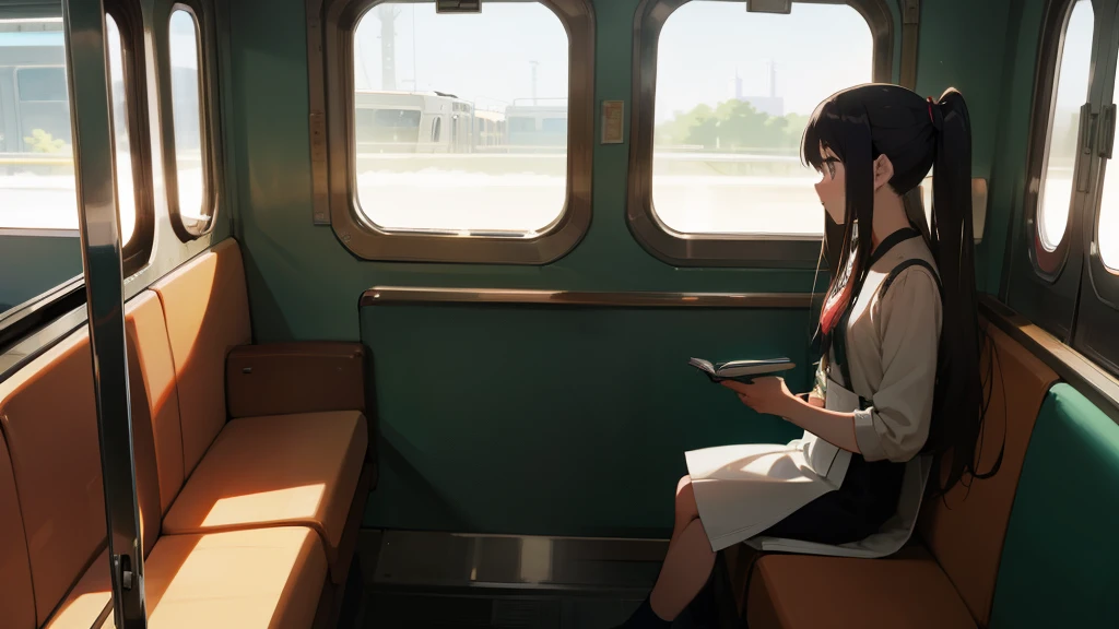 first person view, girl reading a book, inside a train, train, inside, table, tea cup on table, anime style, first class cabin, big window, seats anime