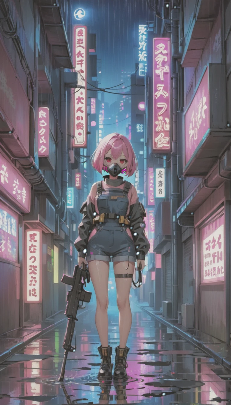 cyber punk，Cute Armed Girl，cute girl，bob，The inner color of the hair is pink，Blood on the face，neon blue，neon pink，neon sign，narrow back alley，kabukicho，Underground，downtown at night，A lot of neon signiscellaneous，night rain，get wet in the rain，Reflected in a puddle，Mechanical Townscape，雑居ビルにneon sign，Electric wires are strung all over the place.，100 electric wires，night town，Crow，railgun，Pointing a Gun，A gas mask like Casshern，Red eyes glowing，end of the century，Make the neon shine brightly，Overall dark，Increase saturation