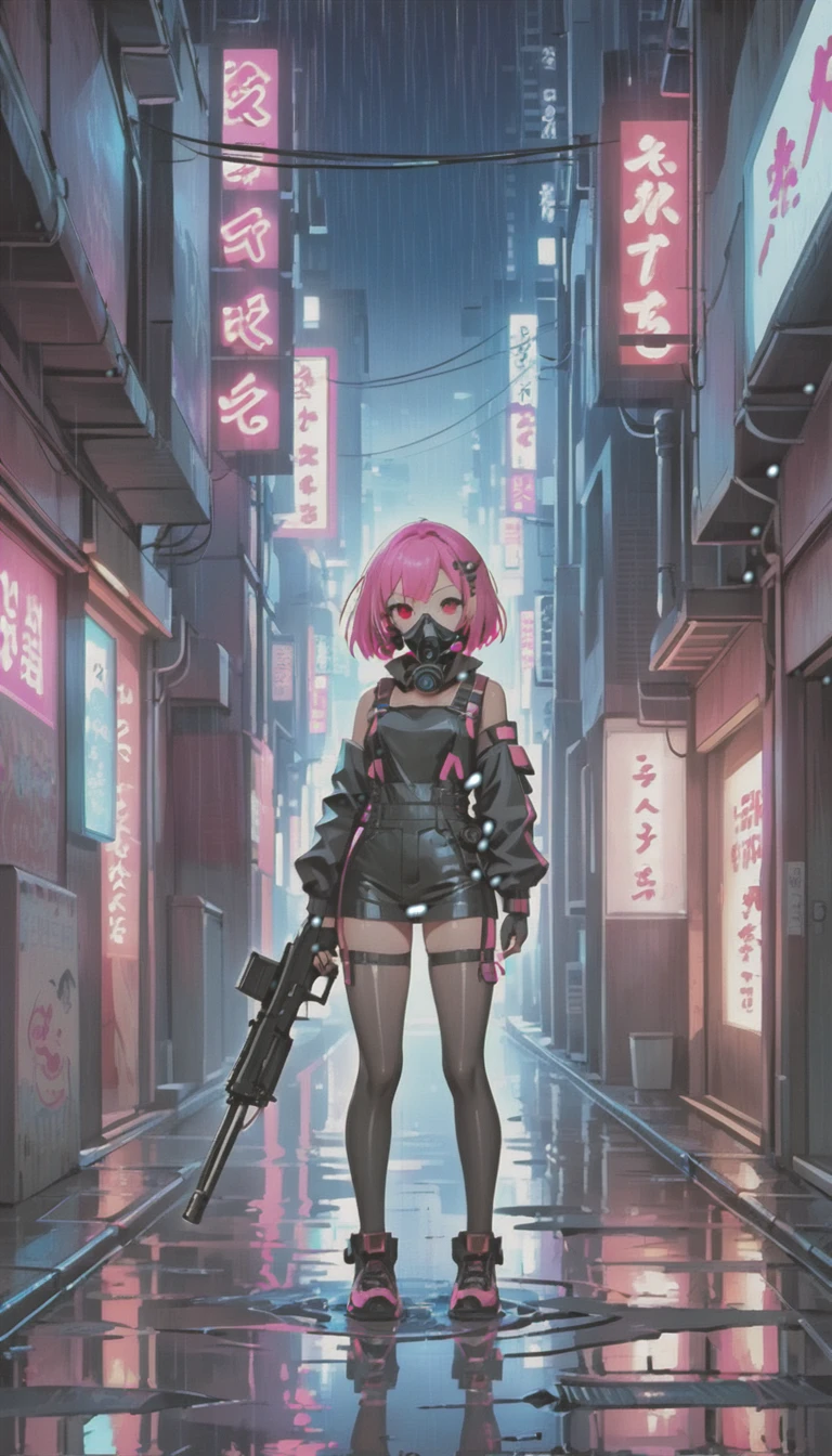 cyber punk，Cute Armed Girl，cute girl，bob，The inner color of the hair is pink，Blood on the face，neon blue，neon pink，neon sign，narrow back alley，kabukicho，Underground，downtown at night，A lot of neon signiscellaneous，night rain，get wet in the rain，Reflected in a puddle，Mechanical Townscape，雑居ビルにneon sign，Electric wires are strung all over the place.，100 electric wires，night town，Crow，railgun，Pointing a Gun，A gas mask like Casshern，Red eyes glowing，end of the century，Make the neon shine brightly，Overall dark，Increase saturation