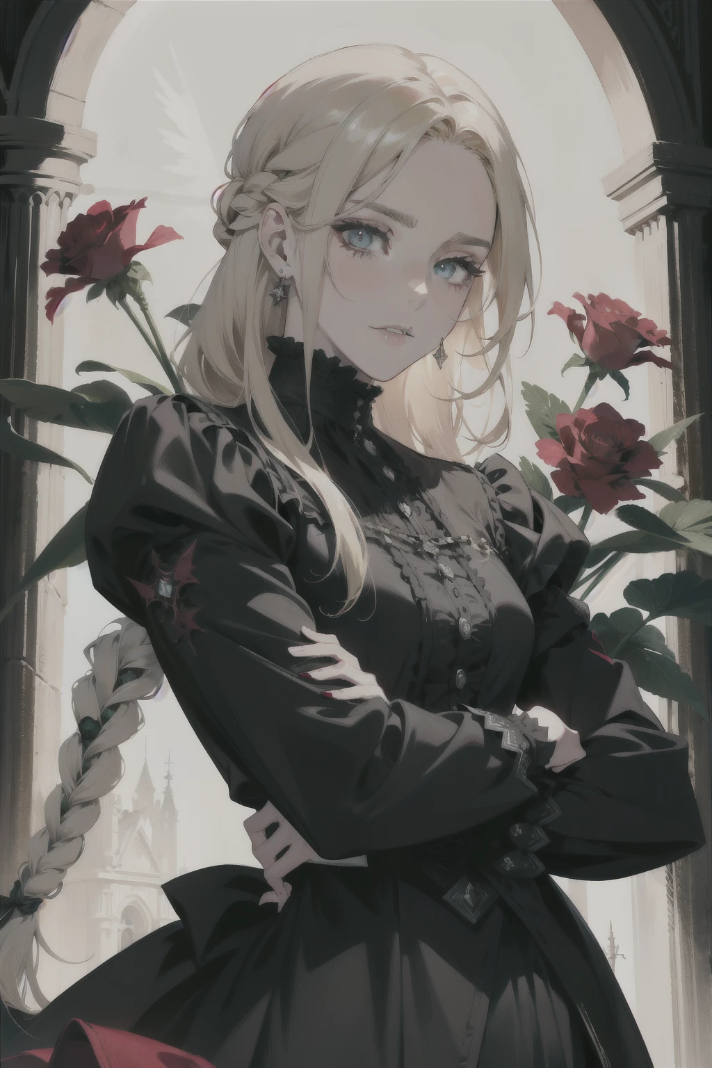 (absurdos, high resolution, ultra detalhado), 1 homem, adulto, bonito, cara alto e musculoso, ombros largos, olhos finamente detalhados e rosto detalhado, Blonde long braid hair, olhos vermelhos, bonito, Terno, Fantasia, Uniforme, real, Gothic, vampiro, flores desabrochando flores desabrochando, rosas vermelhas, luz solar, fantastic light and shadow, Scenario, retrato, vampiro fangs, boca aberta, sensual, Atraente, oferecendo uma rosa vermelha