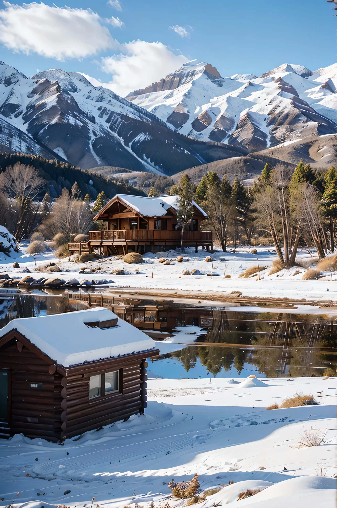sandy beach, palm trees, snowcapped mountains, log cabin, woodsy landscape.