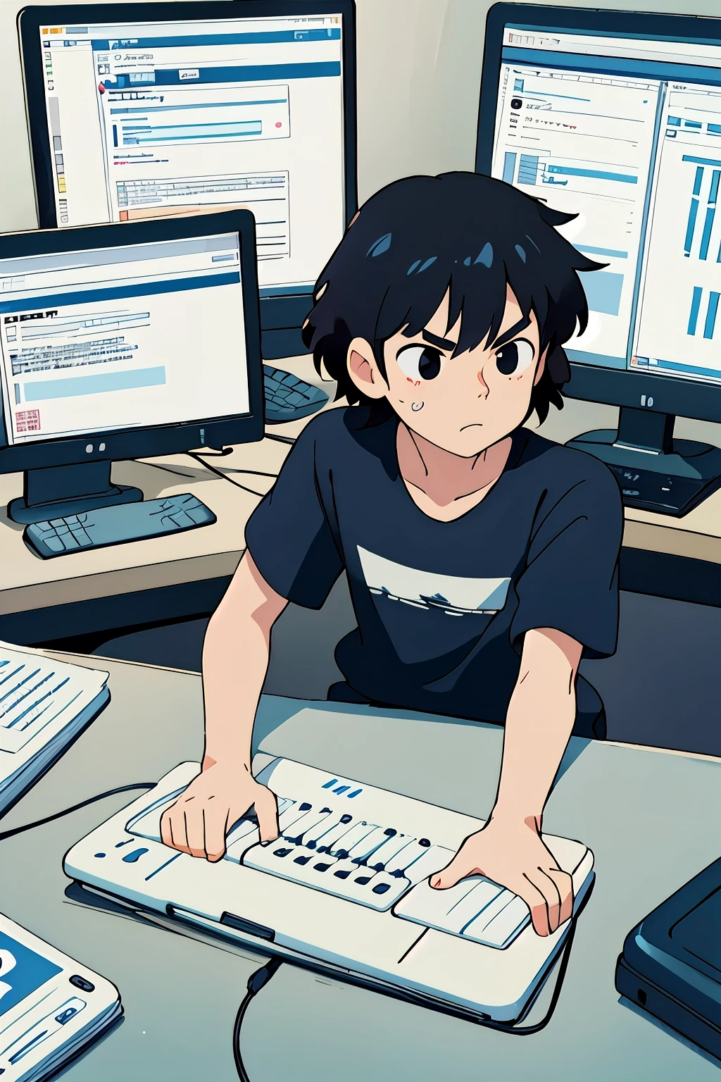 I'm a ************ japanese  young man, alone with a serious looking face, and medium hair, wearing a black t-shirt, watching the the computer screen while typing the source-code of a website on the keyboard