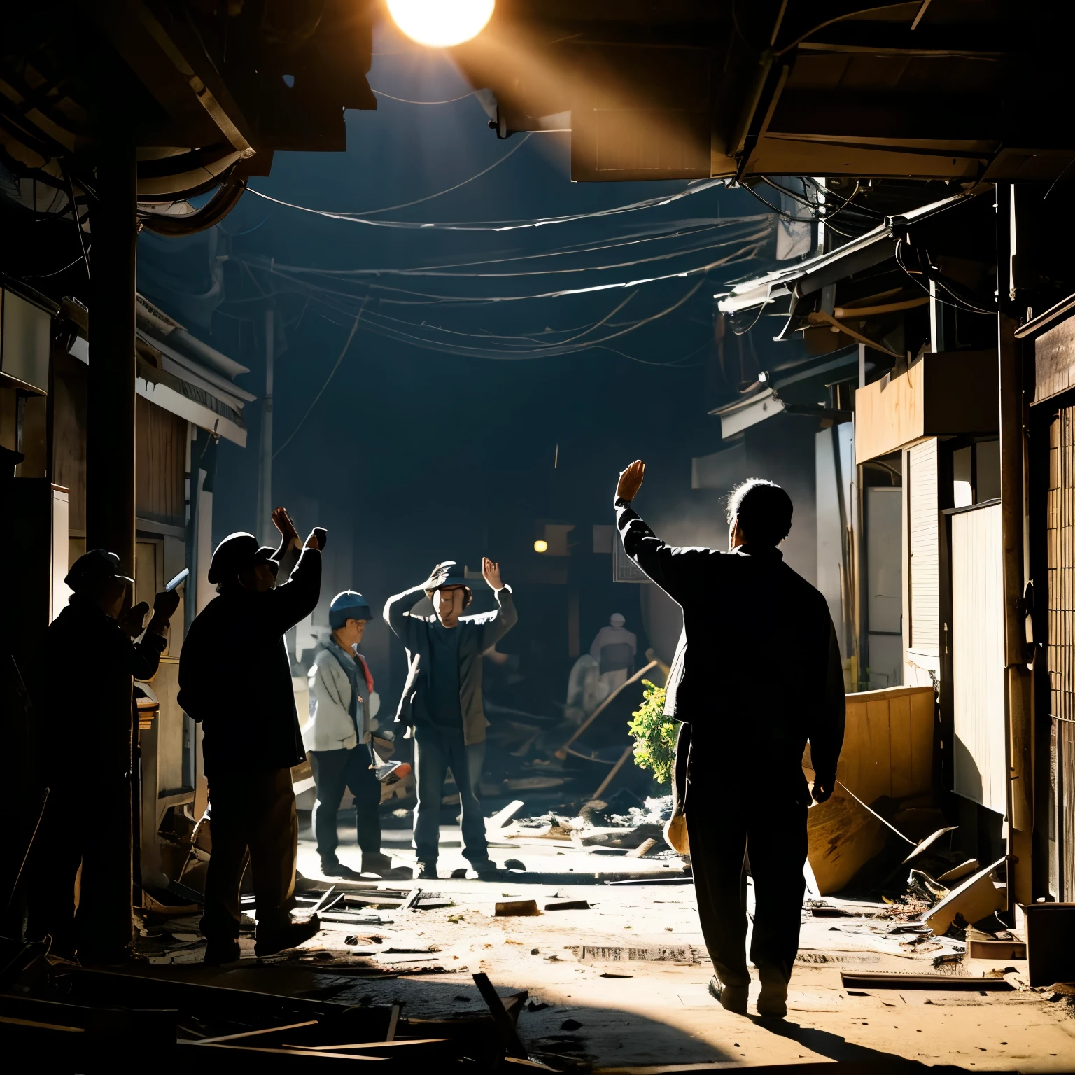 Male in his 50s, Japanese, multiple people, workers, praise, applause, looking at camera, backlit, disaster area