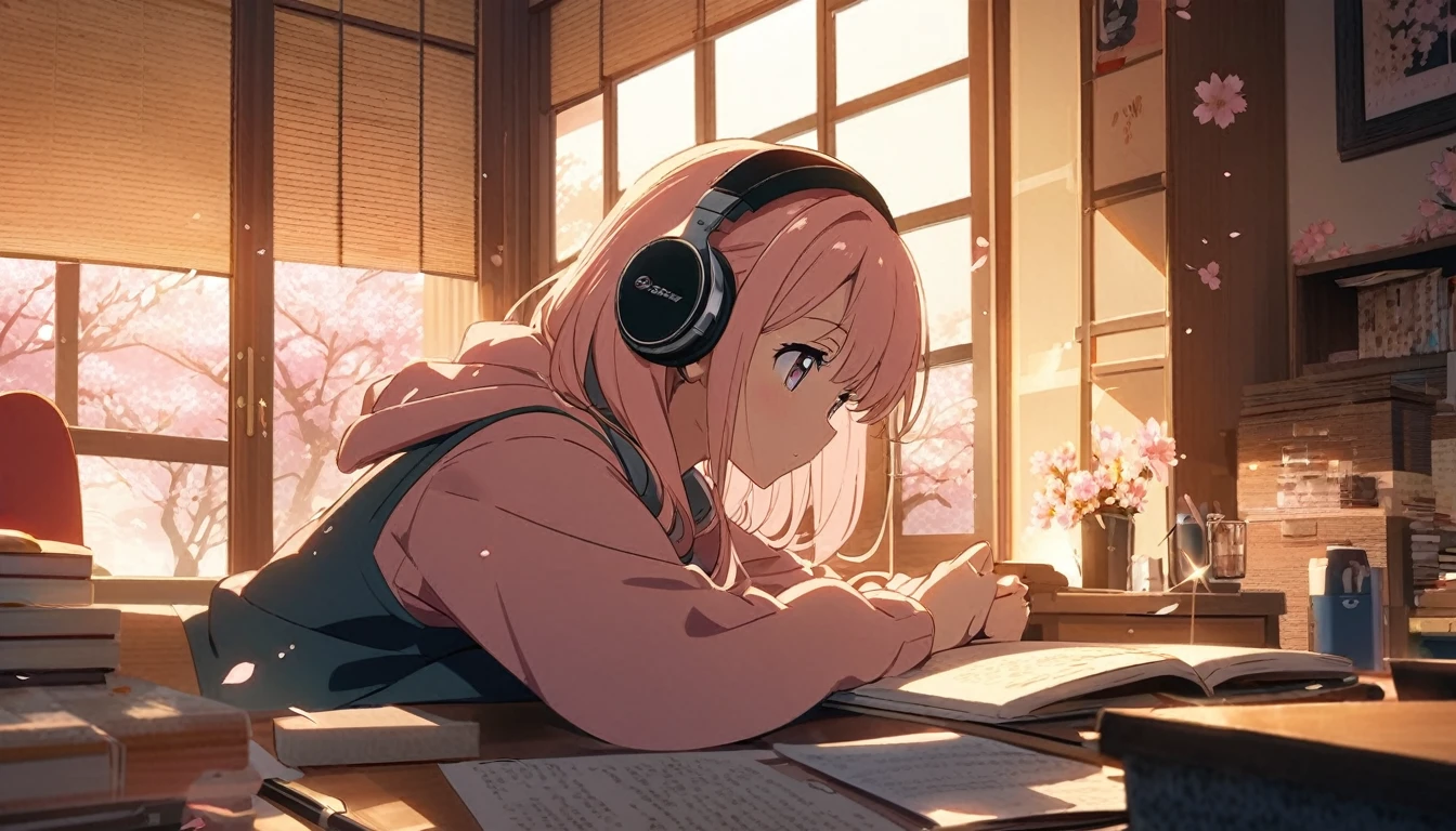 Beautiful girl studying in her room while listening to music with headphones、warm lighting、Cherry blossoms are blooming outside the room　Japanese anime style