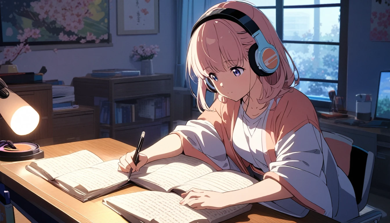 Beautiful girl studying in her room while listening to music with headphones、warm lighting、Cherry blossoms are blooming outside the room　Japanese anime style