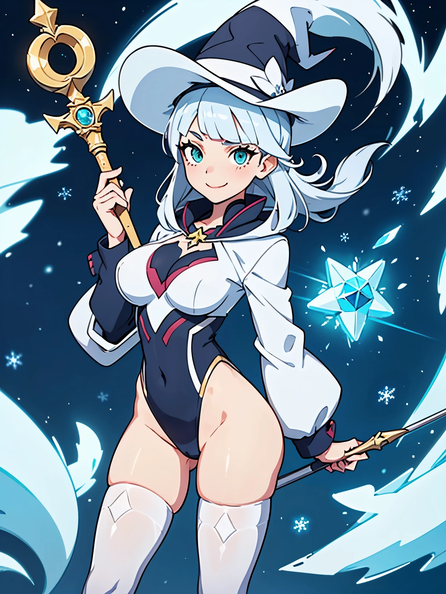 a cartoon of a woman dressed in a superhero costume holding a wand, witch academia, superhero sorceress witch, glamorous angewoman digimon, sky witch, by Aguri Uchida, maya ali as an ice mage, white tuxedo, leotard, solid white leotard with florescent blue accents, bare legs, white thigh-highs, winter boots, white witch hat, white hair, long hair, ponytail, green eyes, (eye mask), beautiful detailed eyes, beautiful detailed face, cute face, slightly large breasts, (smile, wink), playful, flirty, age 16-18, solo, solo focus, wonder.