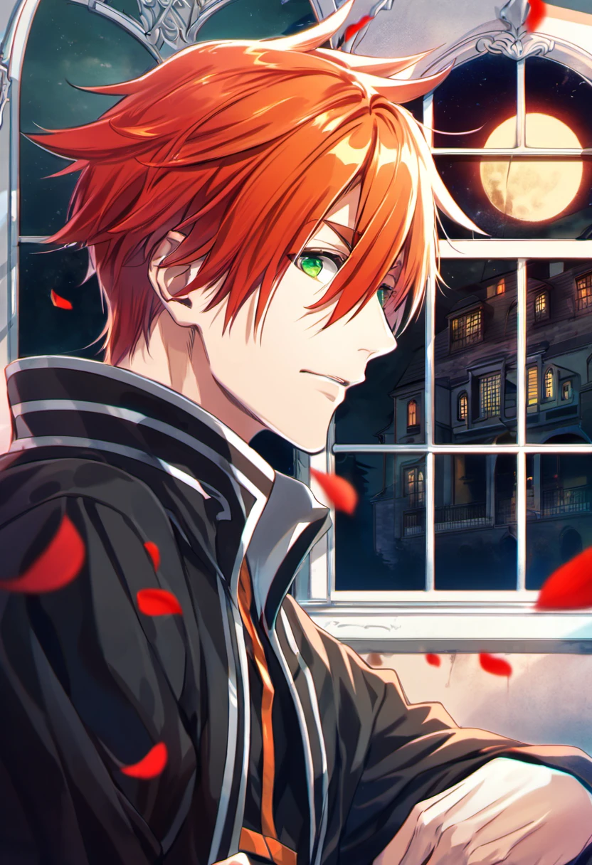 absurdres, highres, ultra detailed, HDR), master piece, best quality, Lavi, red orange hair, expressive green eyes, D Gray Man hallow, 1man, handsome, black clothes, window, moon, red petals