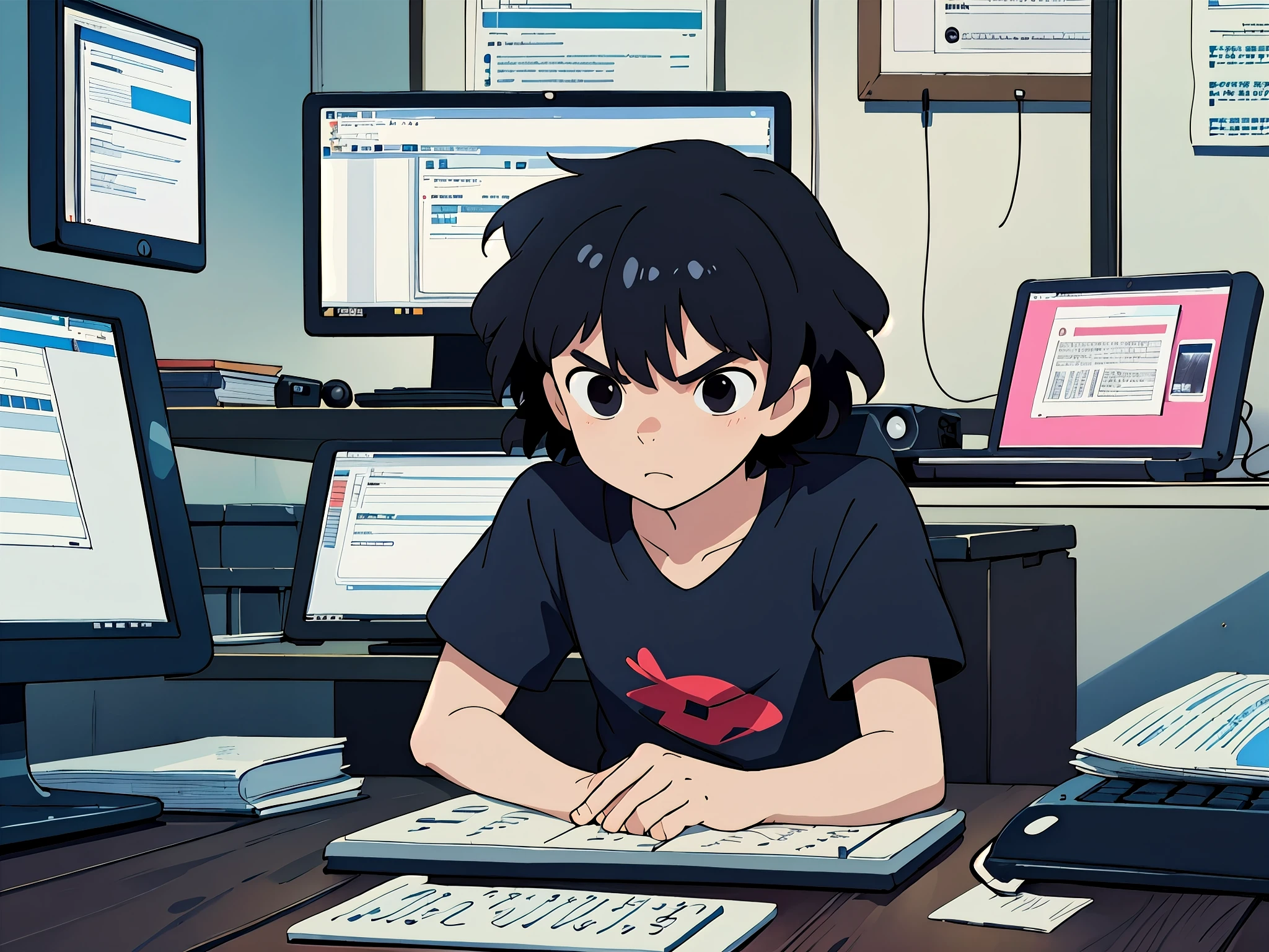 I'm a 17 years old japanese young man, alone with a serious looking face, and medium hair, wearing a black t-shirt, watching the the computer screen while typing the source-code of a website on the keyboard