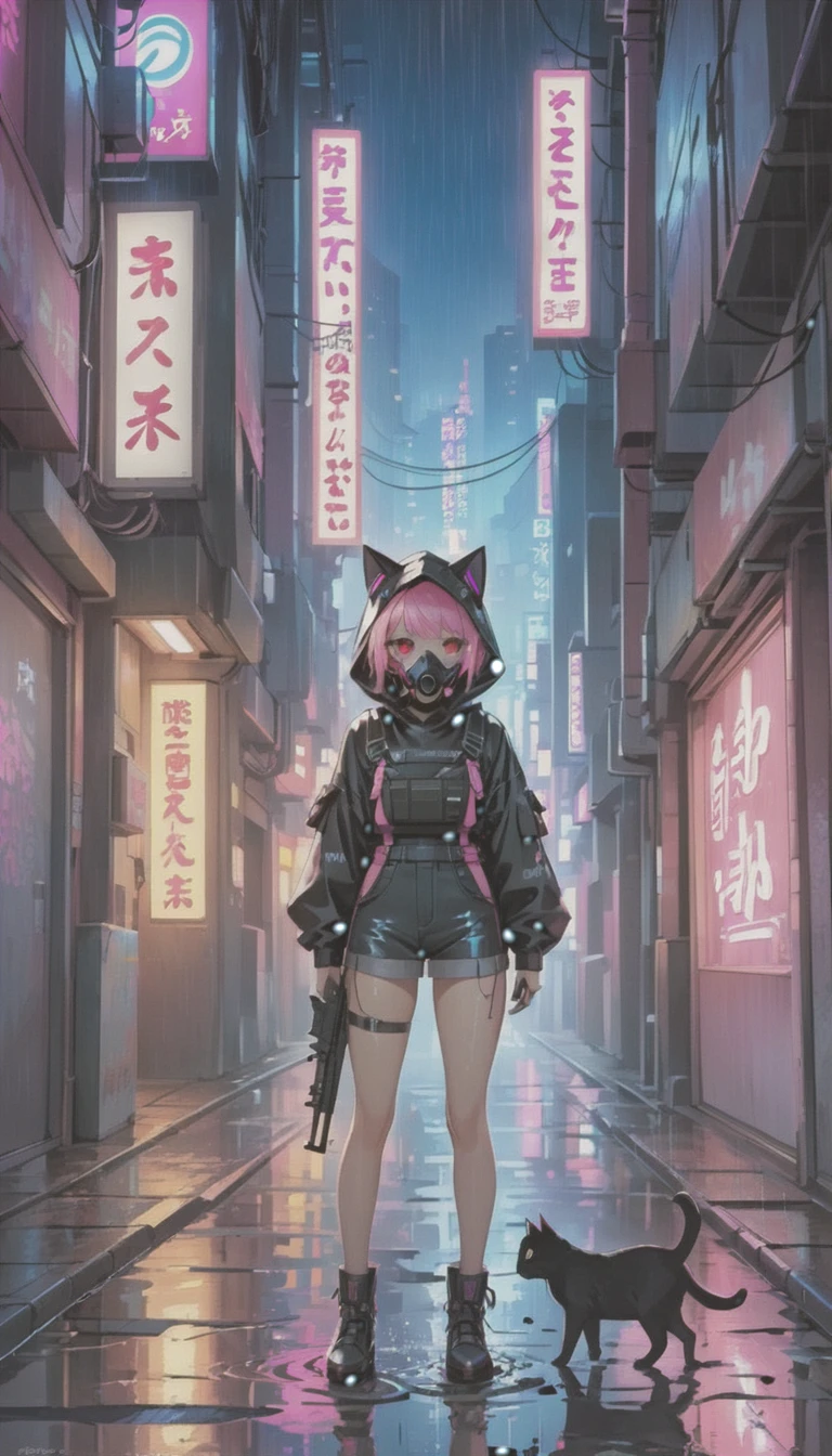 cyber punk，Cute Armed Girl，cute girl，cat ear hood，bob，The inner color of the hair is pink，Blood on the face，neon blue，neon pink，neon sign，narrow back alley，kabukicho，Underground，downtown at night，city，future city，A lot of neon signiscellaneous，night rain，get wet in the rain，Reflected in a puddle，Mechanical Townscape，雑居ビルにneon sign，Electric wires are strung all over the place.，100 electric wires，night town，Crow，railgun，Pointing a Gun，A gas mask like Casshern，Red eyes glowing，end of the century，Make the neon shine brightly，Overall dark，Increase saturation