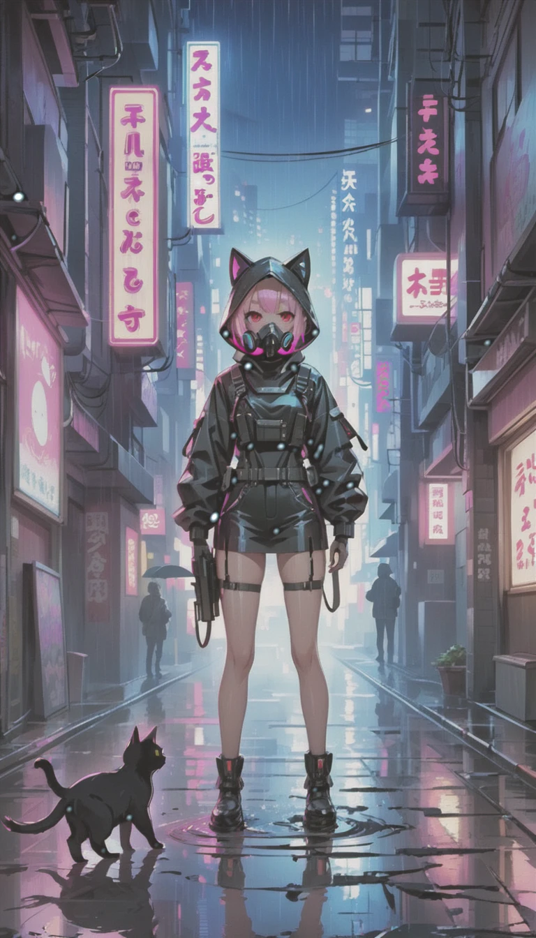 cyber punk，Cute Armed Girl，cute girl，cat ear hood，bob，The inner color of the hair is pink，Blood on the face，neon blue，neon pink，neon sign，narrow back alley，kabukicho，Underground，downtown at night，city，future city，A lot of neon signiscellaneous，night rain，get wet in the rain，Reflected in a puddle，Mechanical Townscape，雑居ビルにneon sign，Electric wires are strung all over the place.，100 electric wires，night town，Crow，railgun，Pointing a Gun，A gas mask like Casshern，Red eyes glowing，end of the century，Make the neon shine brightly，Overall dark，Increase saturation