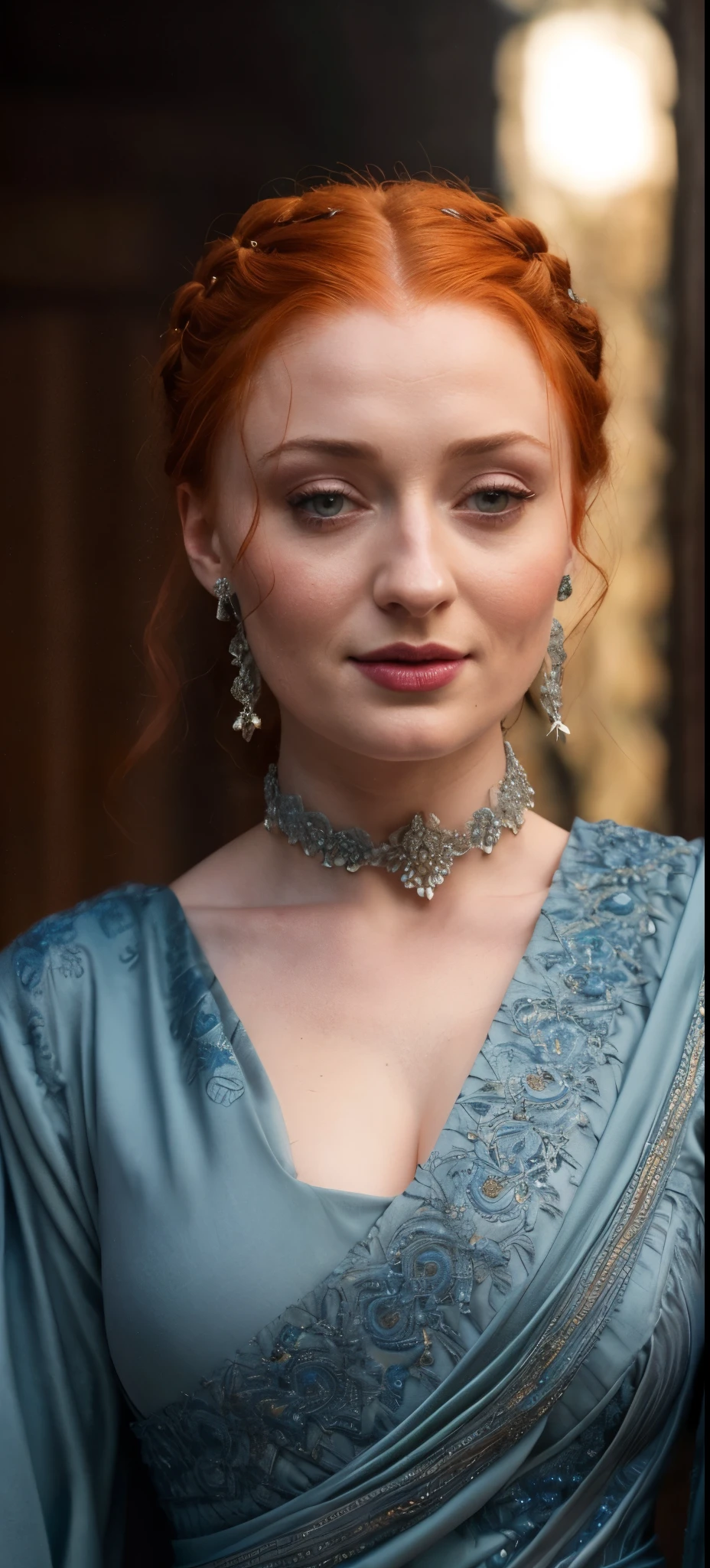 Face of Sophie Turner, Portrait of Sansa Stark, Sansa Stark played by Sophie Turner, the de facto Lady of the Eyrie, is a 55-year-old mature queen with a stunning, alluring appearance, mommy figure, wide body, heavy figure, fleshy bulky figure, Full Face, Full figured woman, pierced eyes, reddish lips, upper body shot, erotic Mediaeval costumes, game of thrones costumes, She wears a Game of Thrones-inspired costume and has a deep cleavage, a perfect thick body, and a perfect thick figure. The photograph captures her in a close-up, with her skin texture and facial features being ultra-realistic and realistic. Juicy thick figure, Sansa's breast is now heavier and saggy as she is aged mature lady now, high quality skin, Skin pores, amazing details, snow, snow flakes, semi realistic, extremely detailed eyes, dark moody orange and black settings, cool environment, artificial intelligence, high quality skin, insane details, 