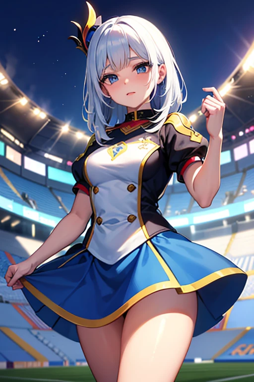 arte de RPG, arte de fantasia, a Disney Snow White is playing football, SnowPrincessw rhe usa uniforme azul e amarelo, cabelo preto, cabelo em um coque, she has the ball and runs towards the goal, modern football stadium background, Melhor qualidade, 16k, [ultra detalhado], obra de arte, Melhor qualidade, (extremamente detalhado), corpo todo, foto ultra ampla