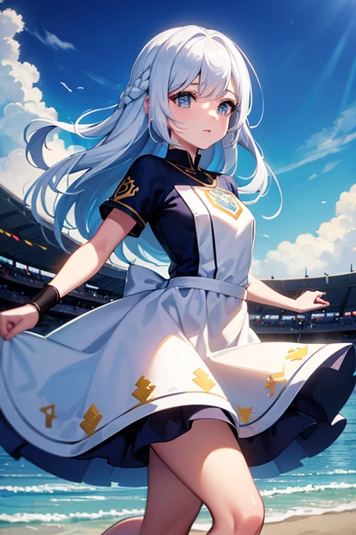 arte de RPG, arte de fantasia, a Disney Snow White is playing football, SnowPrincessw rhe usa uniforme azul e amarelo, cabelo preto, cabelo em um coque, she has the ball and runs towards the goal, modern football stadium background, Melhor qualidade, 16k, [ultra detalhado], obra de arte, Melhor qualidade, (extremamente detalhado), corpo todo, foto ultra ampla
