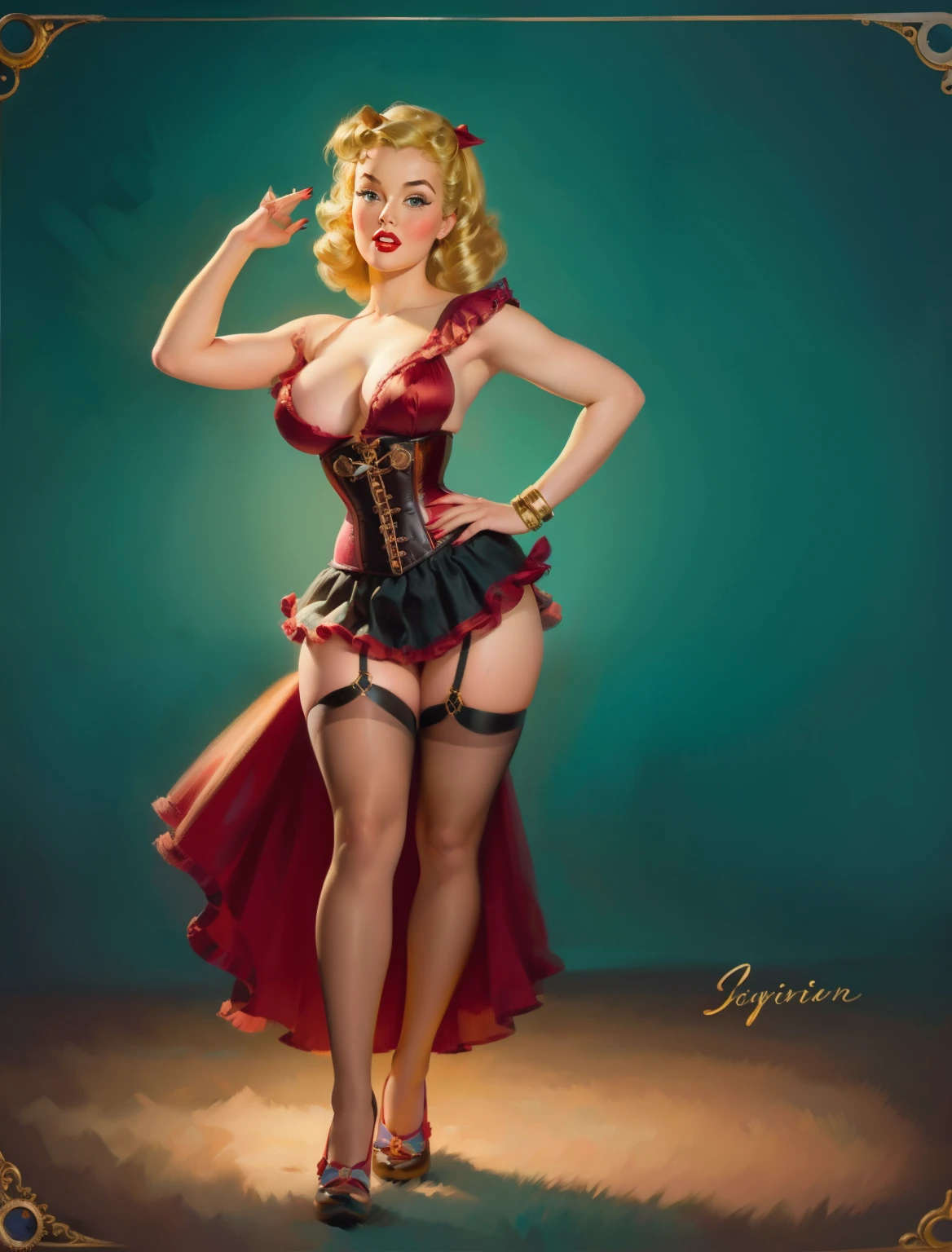 20 years old girl, No Bra, steampunk burlesque corset, medium breast, shining skin, dramatic lighting, pin up style, sexy, surprised, , colorful , masterpieces, illustrated, shining skin, detailed face, Medium breast. tight body. Blonde hair, Illustrated BY Zoe Mozert,   pinup art byZoe Mozert,  vintage pin up, illustrated by Zoe Mozert, girl pinup, pinup girl, pin-up poster girl, pin up girl, pinup, pin - up girl, Detailed face, Detailed Hands, Detailed legs,