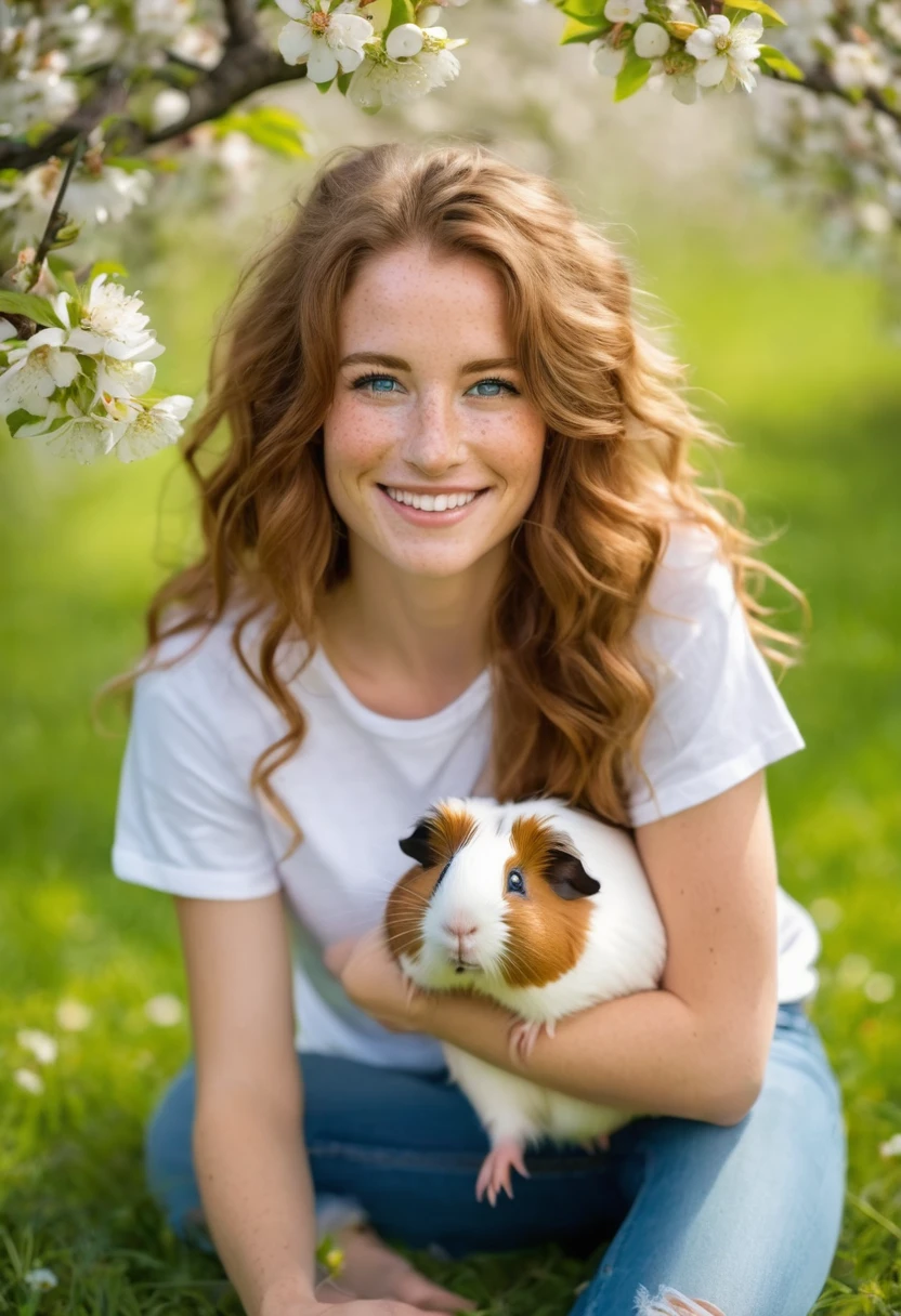 Beautiful woman, (freckled smile, blaue Augen, langes, lockiges, braunes Haar, dunkles Make-up, hyperdetaillierte Fotografie, Sanftes Licht, in Jeans, Barefoot, T-Shirt, under a blossoming apple tree with a fluffy guinea pig.