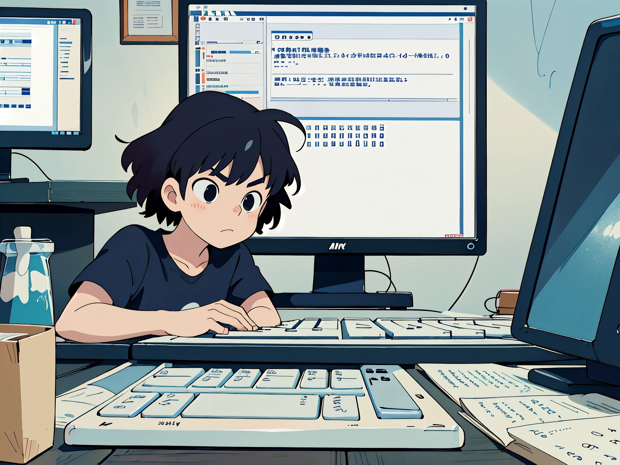 I'm a 17 years old japanese  young man, alone with a serious looking face, and medium hair, wearing a black t-shirt, watching the the computer and typing on the computer abnt-2 keyboard