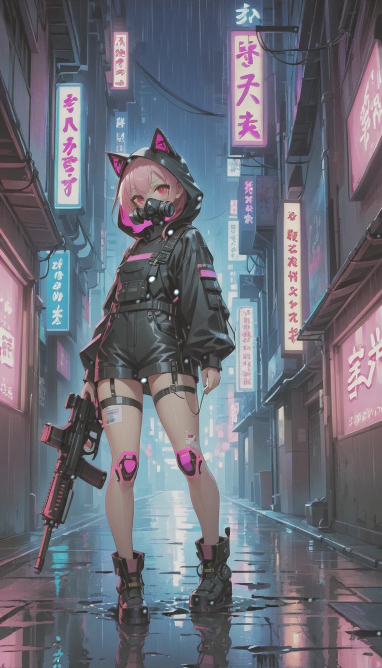 cyber punk，Cute Armed Girl，cute girl，cat ear hood，bob，The inner color of the hair is pink，Blood on the face，Adhesive plaster on the knee，neon blue，neon pink，neon sign，narrow back alley，kabukicho，Underground，downtown at night，city，future city，Lots of Japanese neon signiscellaneous，night rain，get wet in the rain，Reflected in a puddle，Mechanical Townscape，雑居ビルにneon sign，Electric wires are strung all over the place.，100 electric wires，night town，Crow，railgun，Pointing a Gun，A gas mask like Casshern，Red eyes glowing，end of the century，Make the neon shine brightly，Overall dark，Increase saturation