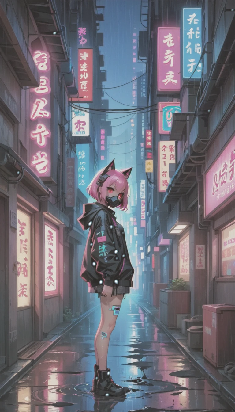 cyber punk，Cute Armed Girl，cute girl，cat ear hood，bob，The inner color of the hair is pink，Blood on the face，Adhesive plaster on the knee，neon blue，neon pink，neon sign，narrow back alley，kabukicho，Underground，downtown at night，city，future city，Lots of Japanese neon signiscellaneous，night rain，get wet in the rain，Reflected in a puddle，Mechanical Townscape，雑居ビルにneon sign，Electric wires are strung all over the place.，100 electric wires，night town，Crow，railgun，Pointing a Gun，A gas mask like Casshern，Red eyes glowing，end of the century，Make the neon shine brightly，Overall dark，Increase saturation