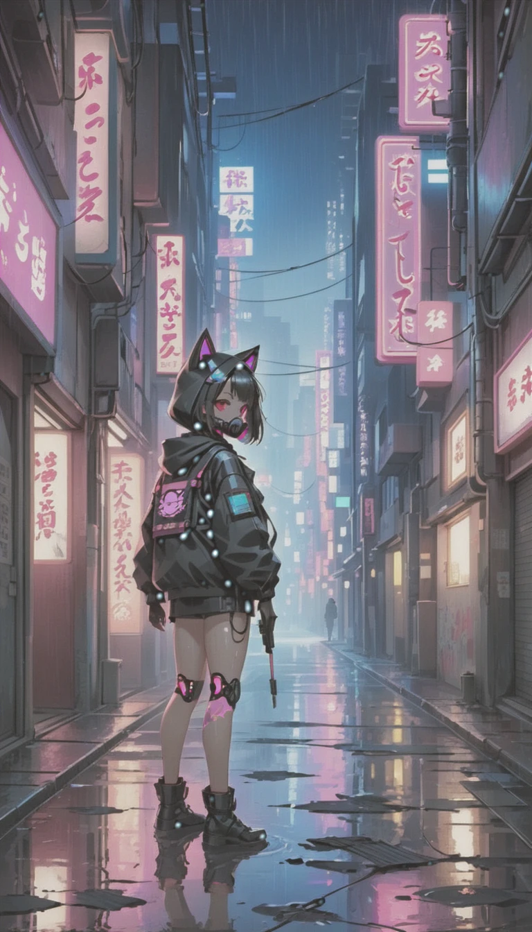 cyber punk，Cute Armed Girl，cute girl，cat ear hood，bob，The inner color of the hair is pink，Blood on the face，Adhesive plaster on the knee，neon blue，neon pink，neon sign，narrow back alley，kabukicho，Underground，downtown at night，city，future city，Lots of Japanese neon signiscellaneous，night rain，get wet in the rain，Reflected in a puddle，Mechanical Townscape，雑居ビルにneon sign，Electric wires are strung all over the place.，100 electric wires，night town，Crow，railgun，Pointing a Gun，A gas mask like Casshern，Red eyes glowing，end of the century，Make the neon shine brightly，Overall dark，Increase saturation