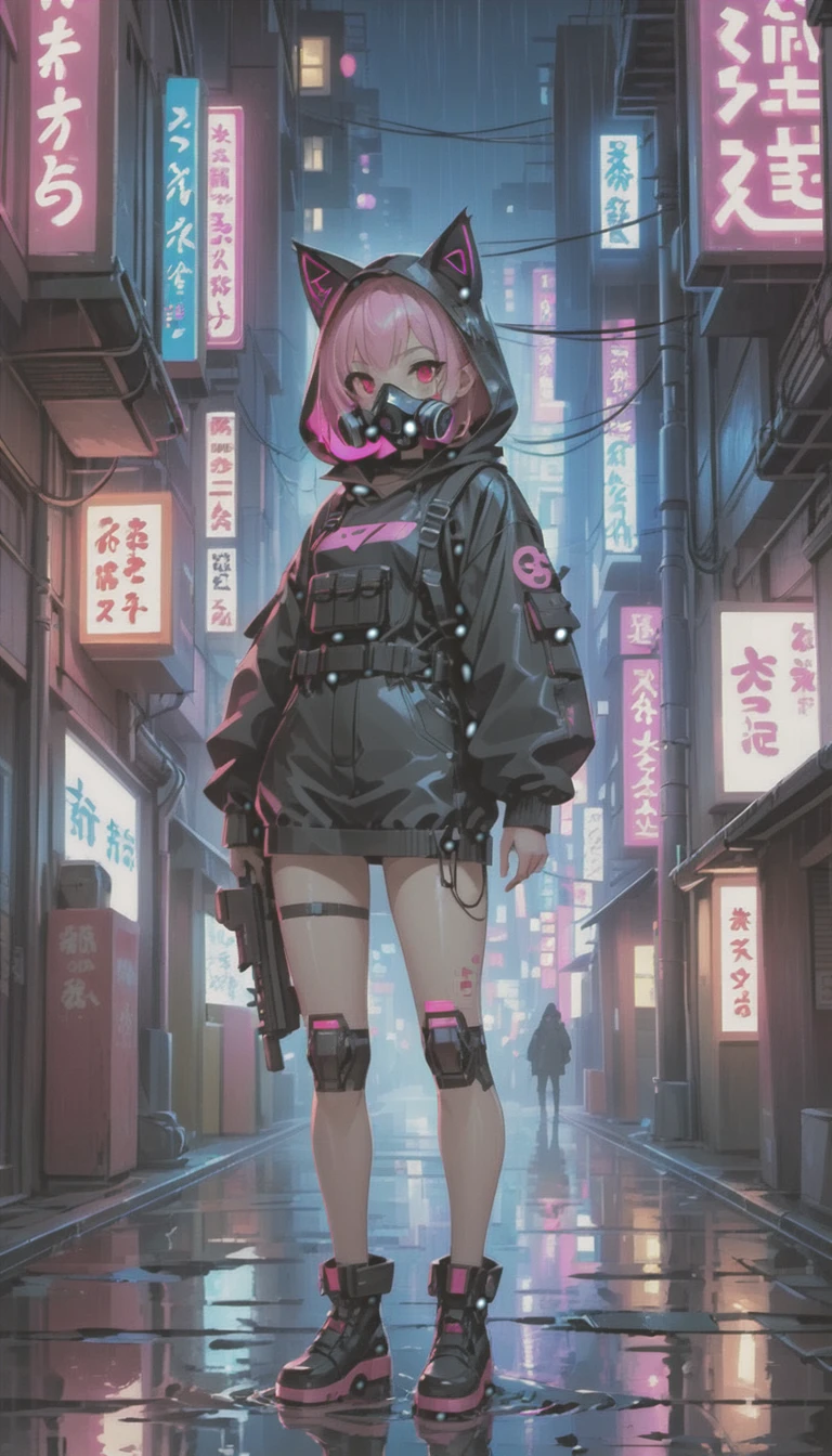 cyber punk，Cute Armed Girl，cute girl，cat ear hood，bob，The inner color of the hair is pink，Blood on the face，Adhesive plaster on the knee，neon blue，neon pink，neon sign，narrow back alley，kabukicho，Underground，downtown at night，city，future city，Lots of Japanese neon signiscellaneous，night rain，get wet in the rain，Reflected in a puddle，Mechanical Townscape，雑居ビルにneon sign，Electric wires are strung all over the place.，100 electric wires，night town，Crow，railgun，Pointing a Gun，A gas mask like Casshern，Red eyes glowing，end of the century，Make the neon shine brightly，Overall dark，Increase saturation