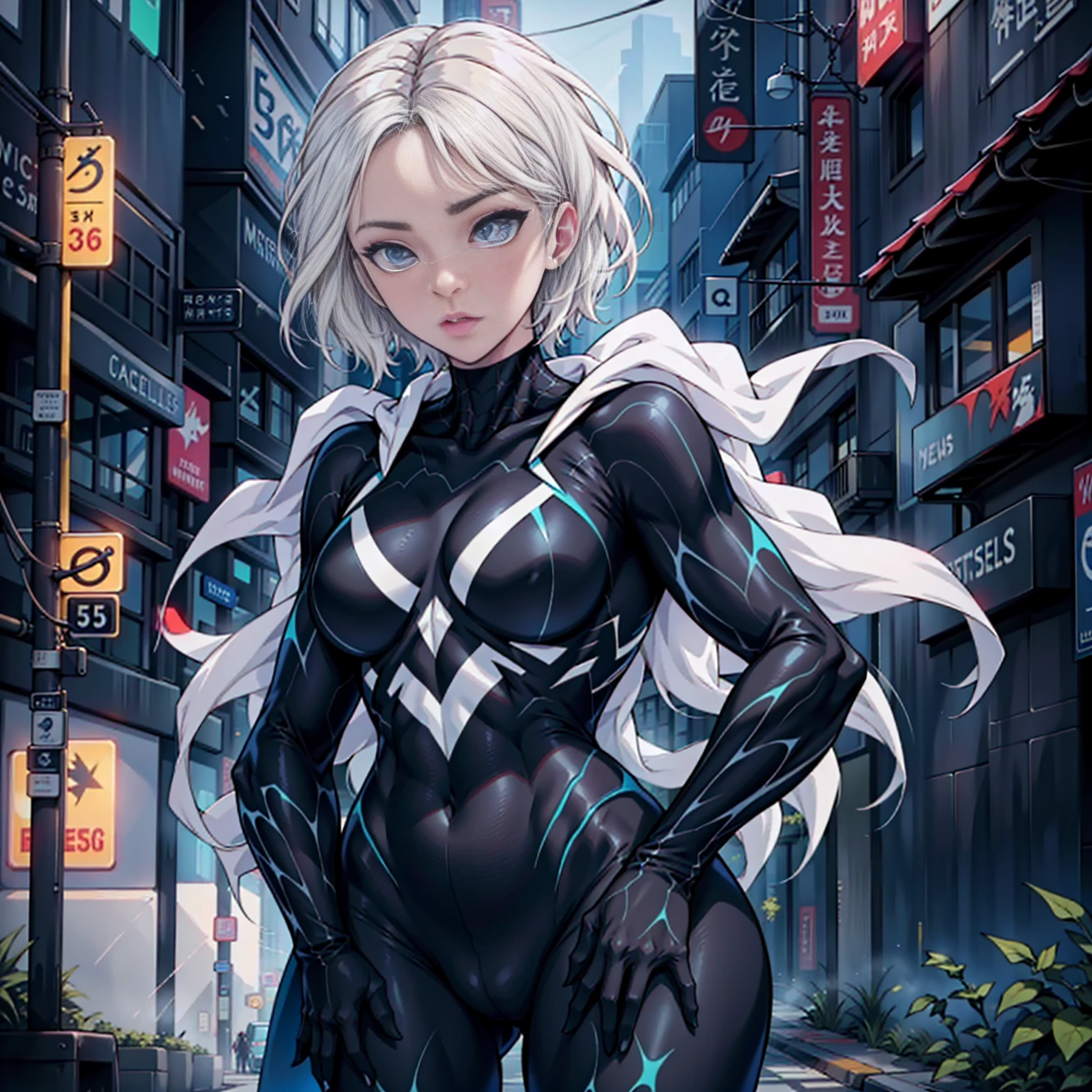 Solo, Ghost Spider Gwen outfit, black with spider in the center of her chest in white, organic looking outfit, gooey forehead, symbiote, white eyes, fine art, PS5 cinematic screenshot, highly detailed detailed cinematic rendering, ultra photorealistic raytricing, with cinematic lighting, very tigth clothes detailing breasts niples and shaved pussy, cameltoe, full body view.