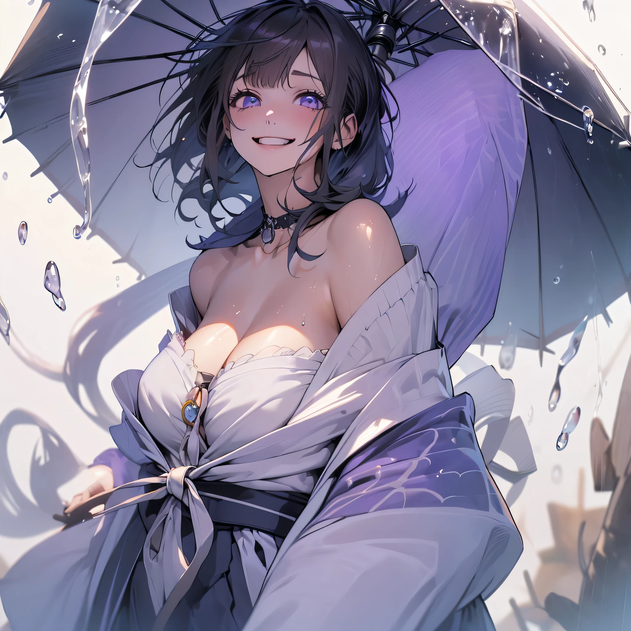 (shiny skin,melancholy look、Super detailed),((1 girl)),(perfect face, detailed face, fine eyes,perfect hands,perfect fingers), (medium breasts:1.2,evil smile:1.4),(mature woman:1.4),cowboy shot,thick,throw, (from below:1.4),short hair, Straight HARE,((Purple long dress))、one piece、((8k wallpaper)),bare chest,cleavage, window,chest comes out,transparent clothes、(((white background：1.2)))、fold your arms behind your back、Posing to em size breasts、(A gust of wind blowing from beneath your feet:1.2)、((Make sure nothing is visible except the person))、((Black long lace))、Purple umbrella：1.2、have an umbrella、Wet day,heavy rain、granule
