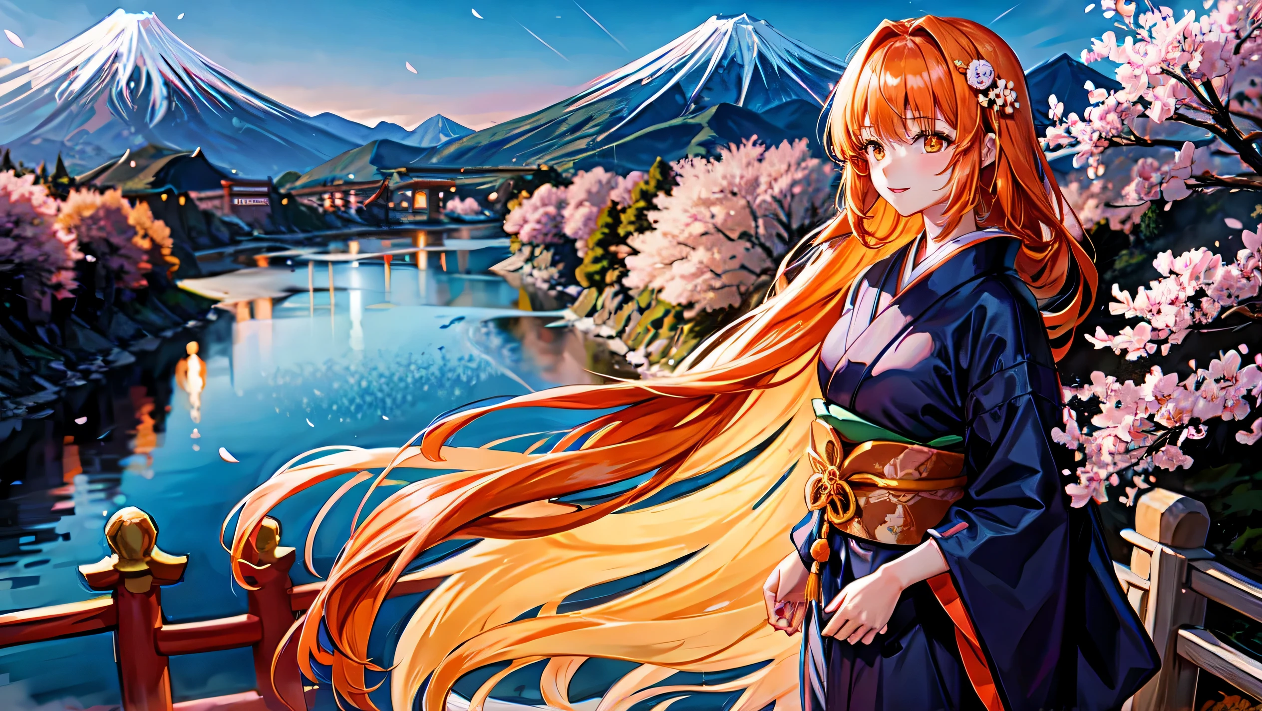 1 girl,orange hair,long hair (sketch:1.2),High definition, (midnight:1.4),(Japanese style:1.4)Mountain,river,cherry blossoms,princess
