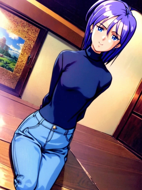 masterpiece,highest quality,1 girl,I collected_Iori,dark blue hair,blue eyes,Chanchanko,yellow sweater,turtleneck sweater,jeans,smile,open your mouth,sitting,turn your arms behind your back,indoors,cowboy shot,dutch angle,