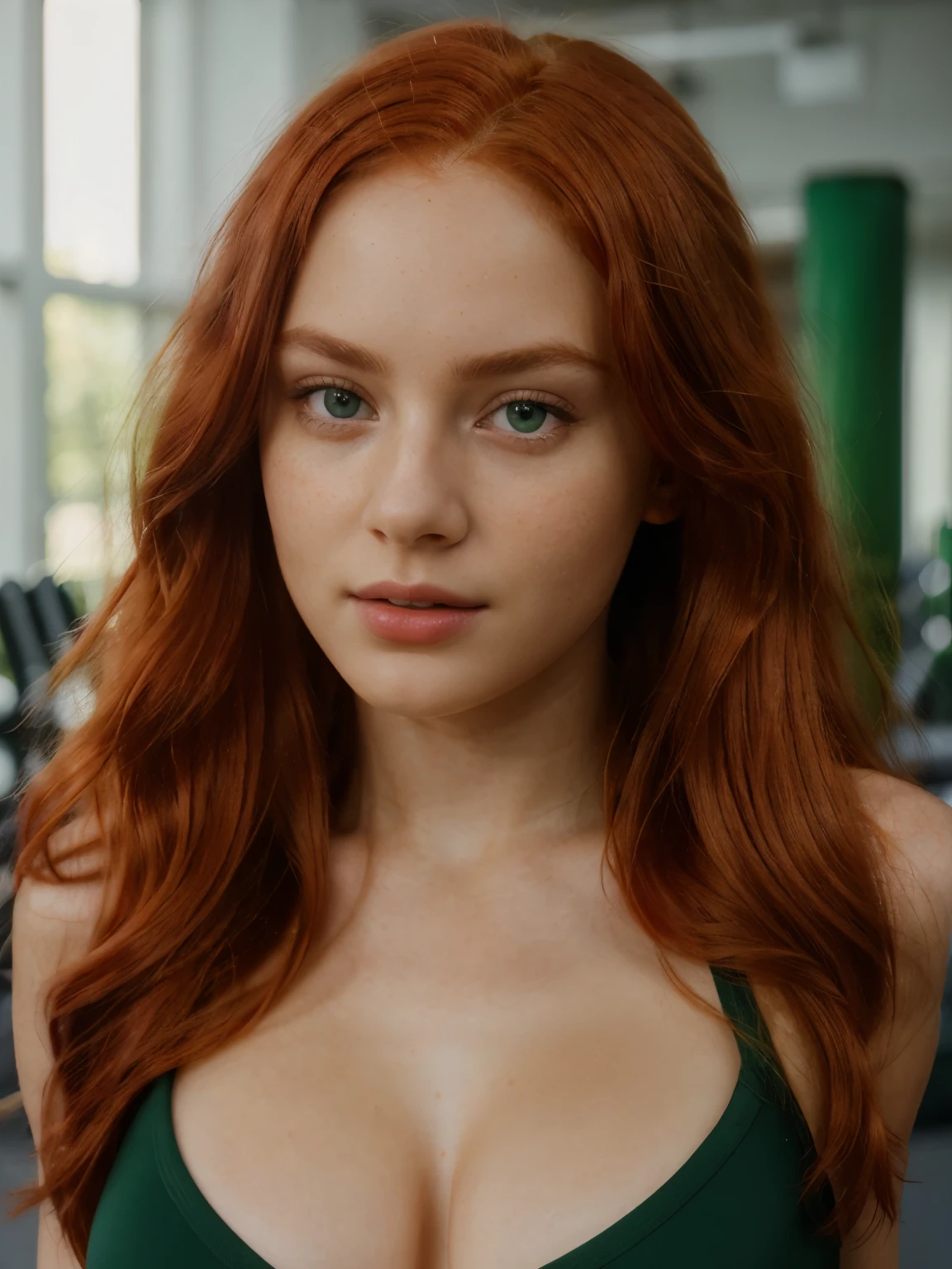 Professional photo of a young beautiful girl, 22 years old, beautiful face, detailed face, detailed skin texture, seductive look, green eyes, seductive lips, (((long red hair))), in a gym, full body view,photorealistic, hyper realistic, 8k resolution, natural lighting, high definition,