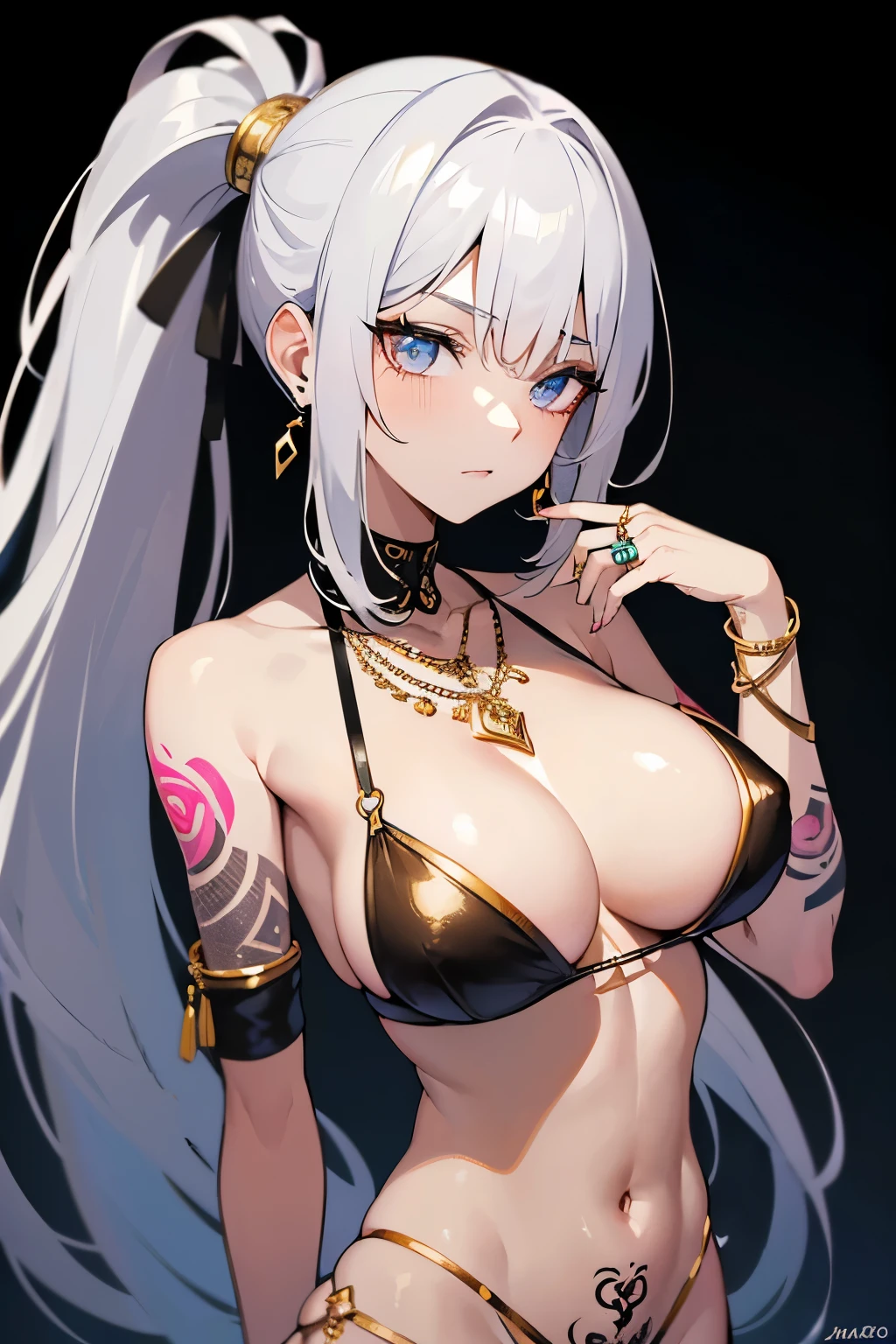 (18 years old), (beautiful), (cool woman:1.1), (tattooed:1.2), (lots of tattoos), (round breasts), (detailed hand and finger:1.1), (deep gold hair:1.1), (silver ring and earrings), (diamand necklace and jewelry), (thick bracelet), (long ponytail:1.1), (stands with his back to the viewer), (completely in frame), (full height), (tall), (detailed face and eyes:1.2), (medium breasts:1.1), (busty:1.1), (deep cleavage:1.1), (labia outline:1.3), (hard teat:1.3).