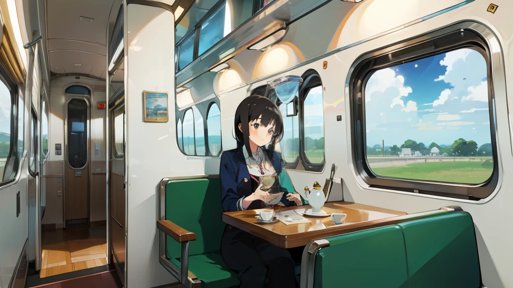 first person view, girl reading a book, inside a train, train, inside, table, tea cup on table, anime style, first class cabin, big window, seats anime