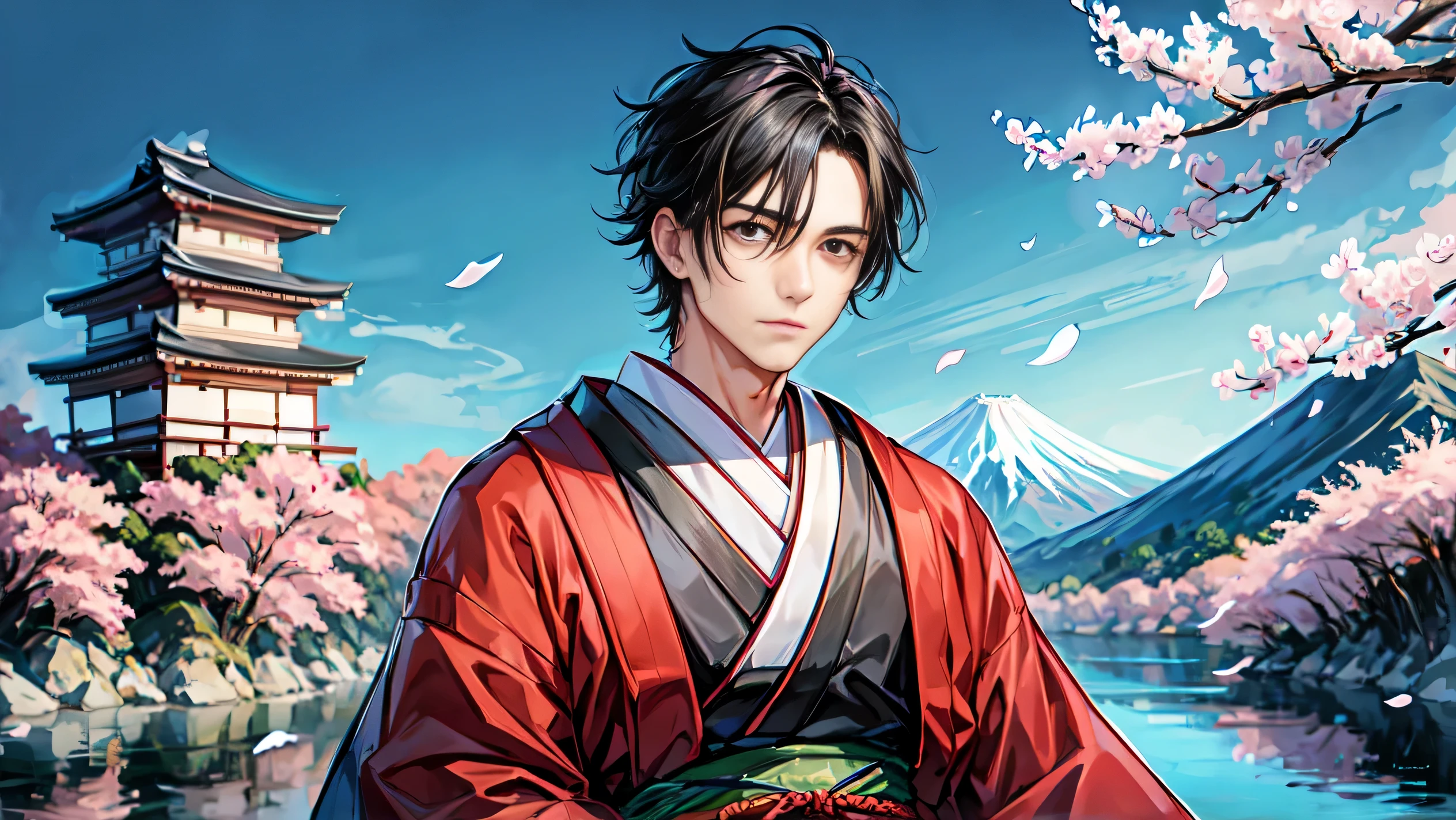 1 boy,black hair,(masterpiece,highest quality:1.4),(sketch:1.2),(Japanese style:1.4),Handsome guy,Mountain,river,cherry blossoms,samurai