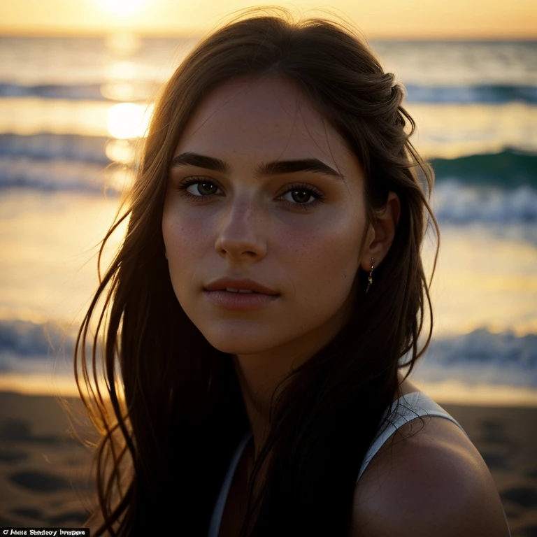 alistic: 1.2). The intricate details of her face, including her glittering eyes with realistic pupils, mesmerize the viewer. Her brown pupils glisten with warmth and depth, reflecting the serene surroundings of the beach. The image captures her in a relaxed pose, basking in the golden hours of the evening, as the sun begins to set. The composition showcases her slender and toned body, accentuated by the soft, warm glow of the sunlight. The shallow depth of field adds a touch of cinematic magic, with the background gently blurred, allowing the viewer to focus solely on her natural beauty. The photograph exudes a sense of tranquility and captures a carefree moment frozen in time. This masterpiece of a photo, shot with