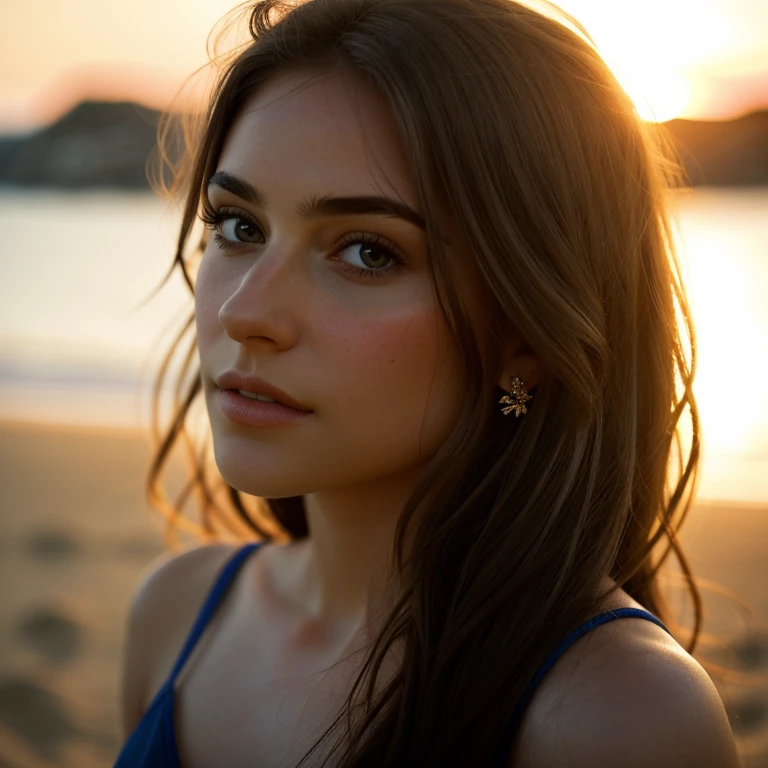 alistic: 1.2). The intricate details of her face, including her glittering eyes with realistic pupils, mesmerize the viewer. Her brown pupils glisten with warmth and depth, reflecting the serene surroundings of the beach. The image captures her in a relaxed pose, basking in the golden hours of the evening, as the sun begins to set. The composition showcases her slender and toned body, accentuated by the soft, warm glow of the sunlight. The shallow depth of field adds a touch of cinematic magic, with the background gently blurred, allowing the viewer to focus solely on her natural beauty. The photograph exudes a sense of tranquility and captures a carefree moment frozen in time. This masterpiece of a photo, shot with