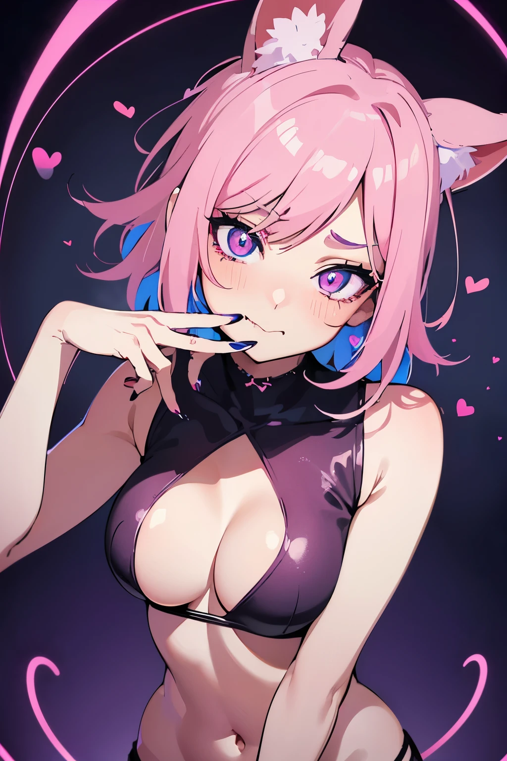 Horny, slutty, silly, (slim fit body), (yandere anime woman:1.1), (blushing), (round breasts), (underboobs:1.1), (holding chin), (biting on finger:1.3), (detailed hand and finger:1.1), well drawn, ultra realistic, 8k, uhd, hdr, highest quality, ultra detailed, masterpiece, (vaporware aesthetic art style:1.2), looking straight forward, (glowing crazy colorful eyes:1.1) with (hearts shape pupil:1.2), facing camera, (blue and pink neon background), (short brightly colored hair:1.1), (dark nail polish:1.2), (small fang), (detailed face and eyes:1.2), (medium breasts:1.2), (busty:1.1), (deep cleavage:1.1), (labia outline:1.3), (hard teat:1.3).