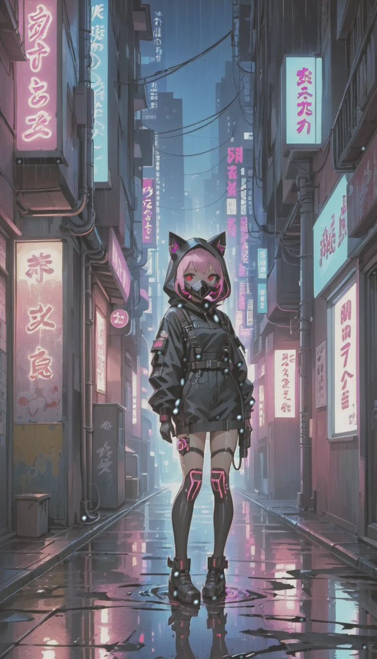 cyber punk，Cute Armed Girl，cute girl，cat ear hood，bob，The inner color of the hair is pink，Blood on the face，Adhesive plaster on the knee，Shadows are neon blue，Highlights are neon pink，neon sign，narrow back alley，kabukicho，Underground，downtown at night，city，future city，Lots of Japanese neon signiscellaneous，night rain，get wet in the rain，Reflected in a puddle，Mechanical Townscape，雑居ビルにneon sign，Electric wires are strung all over the place.，100 electric wires，night town，Crow，railgun，Pointing a Gun，A gas mask like Casshern，Red eyes glowing，end of the century，Make the neon shine brightly，Overall dark，Increase saturation