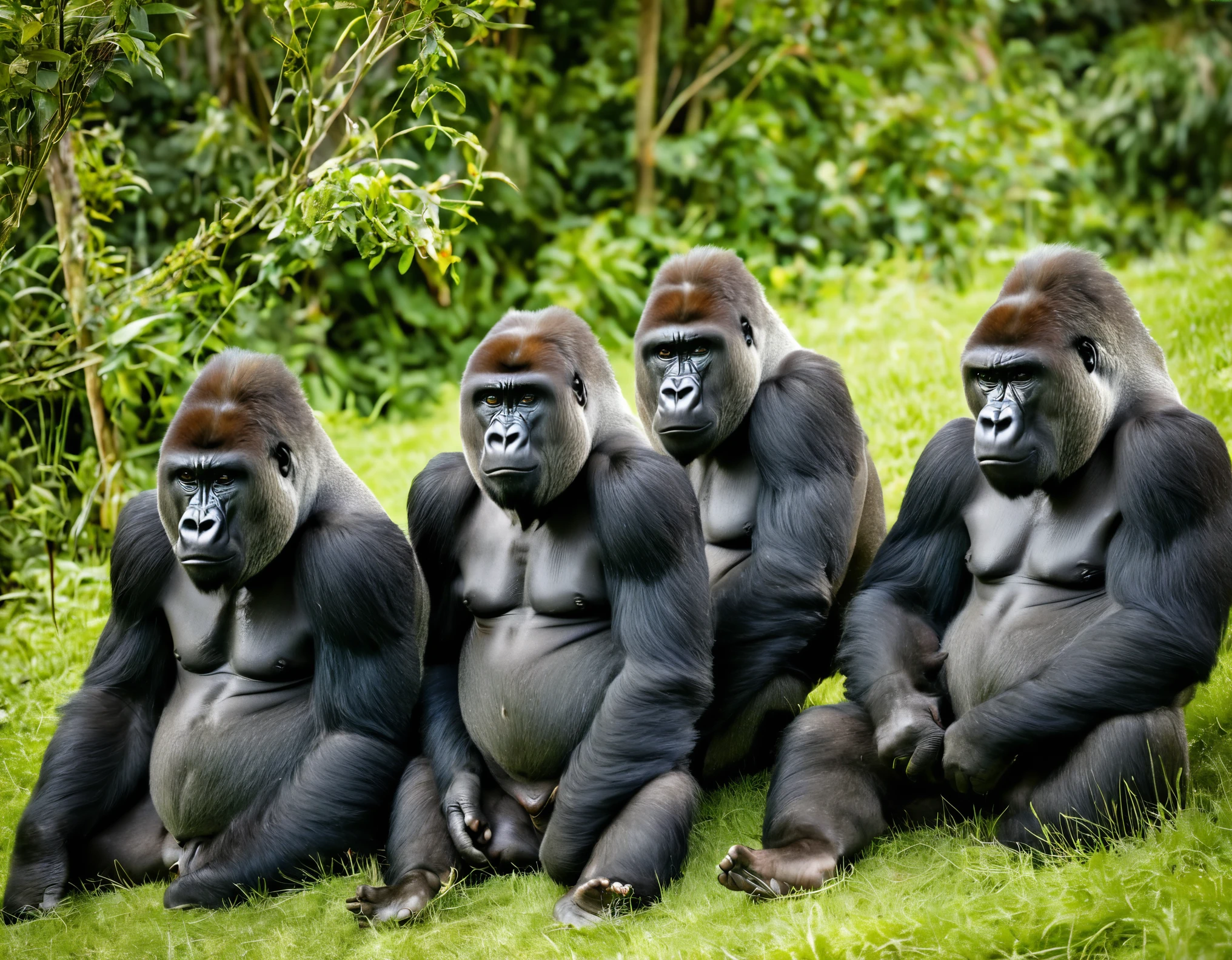 a group of gorillas sitting in the grass with trees in the background, family photo, proud looking, trending ，, family portrait, image credit nat geo, gorilla, ape, by Dietmar Damerau, amazing beauty, in style of primal apes, proud look, wwf, intense look, family, 🦩🪐🐞👩🏻🦳