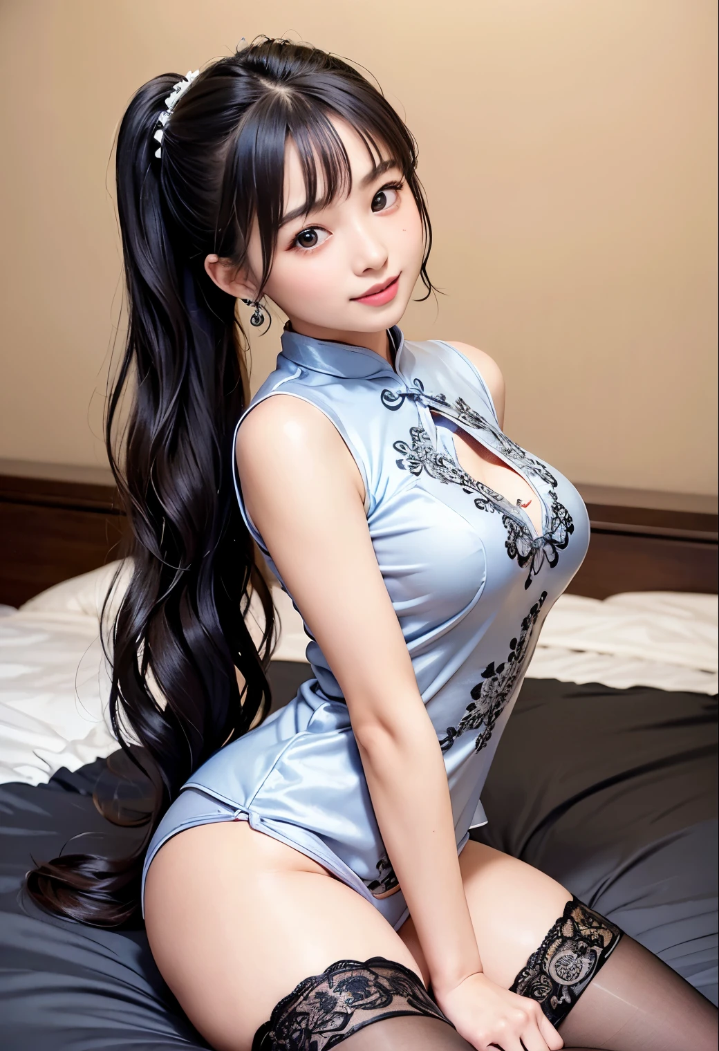 (highest quality,masterpiece:1.3,ultra high resolution),(Super detailed、caustics) (Photoreal:1.4, RAW shooting、)ultra-realistic capture、very detailed、natural skin texture、masterpiece、(Silver and black embroidered cheongsam:1.3)、shining chest、1 Japanese girl、adorable expression、expression of happiness、、young face、surprisingly cute、twin tails、curly hair、black hair、Scrunchie、earrings、white panties、light makeup、Big breasts that are about to burst、straddle the bed、Filmed in a private room at a sex shop、Shining thighs、Bare arms、smile、inviting gaze、cowboy shot、