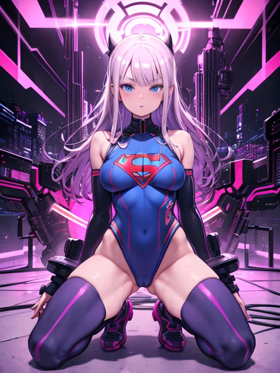 Digital painting of Supergirl with long hair, Cyberpunk art by Joe San Gonzales, Behance contest winner, afrofuturism, synthwave, neon, shiny neon, thick thighs, thin waist, sensual, , small clothes,  art, anime, torn battle uniform, Highly sexualized, sweaty body, , , big , hd, 8K, high quality, detailed, perfect body, Highlight Body, perfect facial details, 背景のdetailed