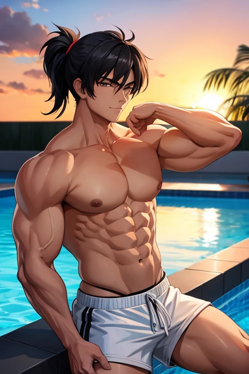 20 year old male bodybuilder anime character wearing shorts with a mullet hairstyle with black hair while coming out of a pool flexing his muscles with a suggestive look at sunset
