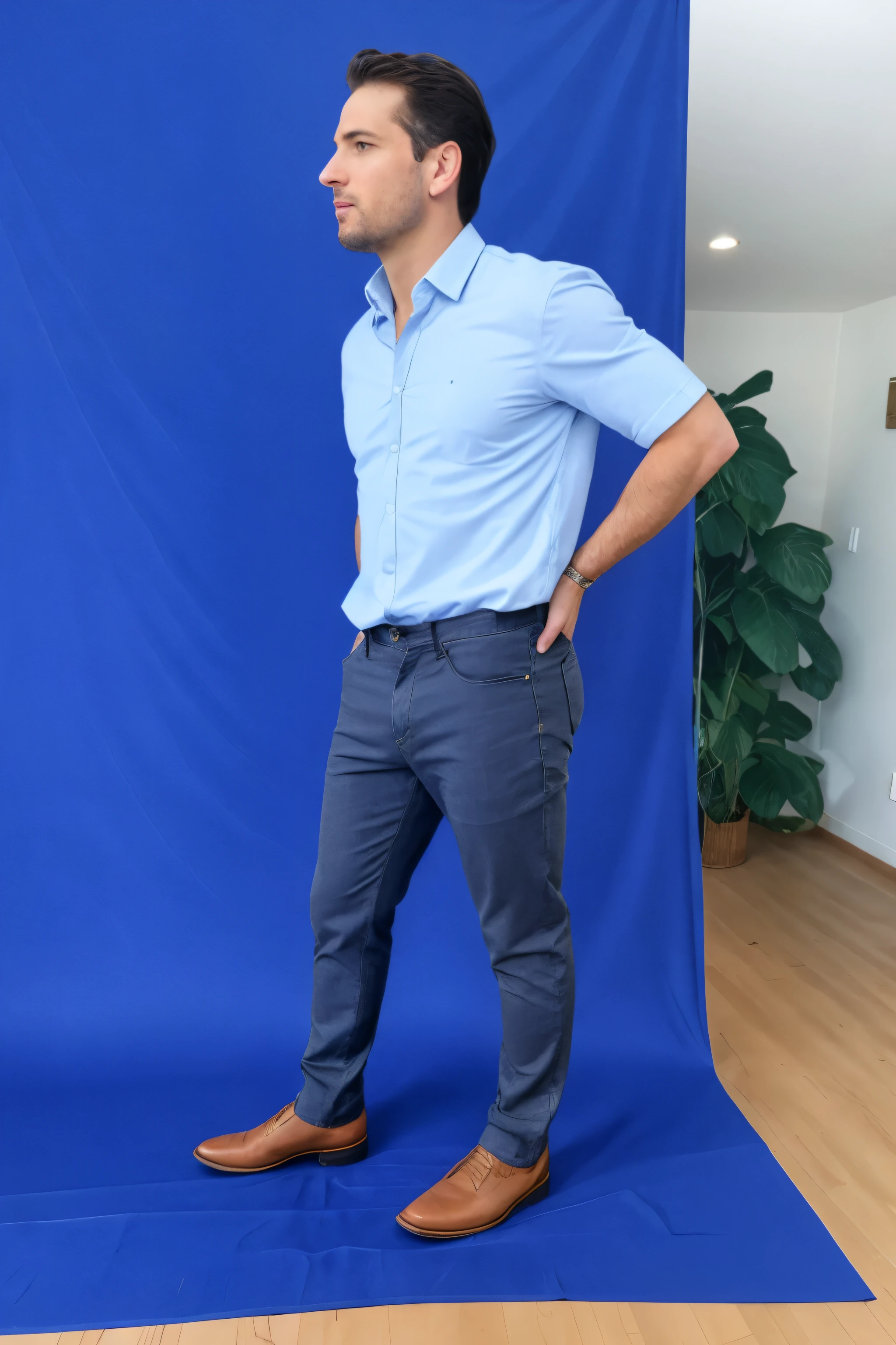handsome man in front of blue backdrop with hands on hips, posando de retrato de corpo inteiro, foto de corpo inteiro, retrato de corpo inteiro, full body distant view, pose frontal, vestindo uma camisa e um jeans, foto de corpo inteiro, corpo inteiro fotorrealista, full body profile camera photo, ( ( ( Wearing pants ) ) )