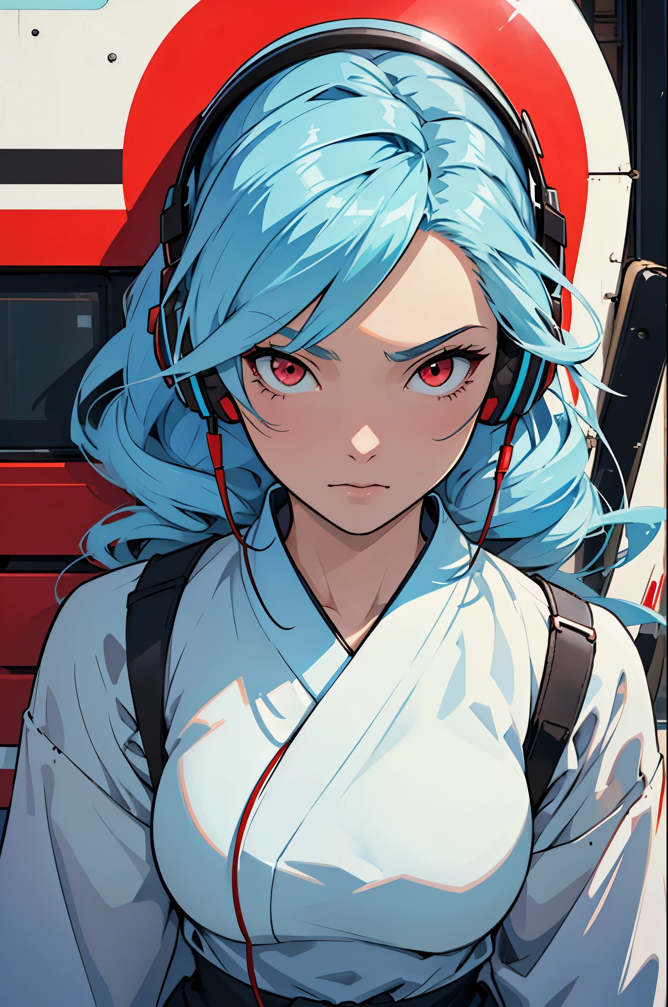 flat illustration classical animes, Close-up of a female character with light blue hair, red eyes, wearing headphones, with a cityscape in the background, art style influenced by japanese artists, black outlines, nij