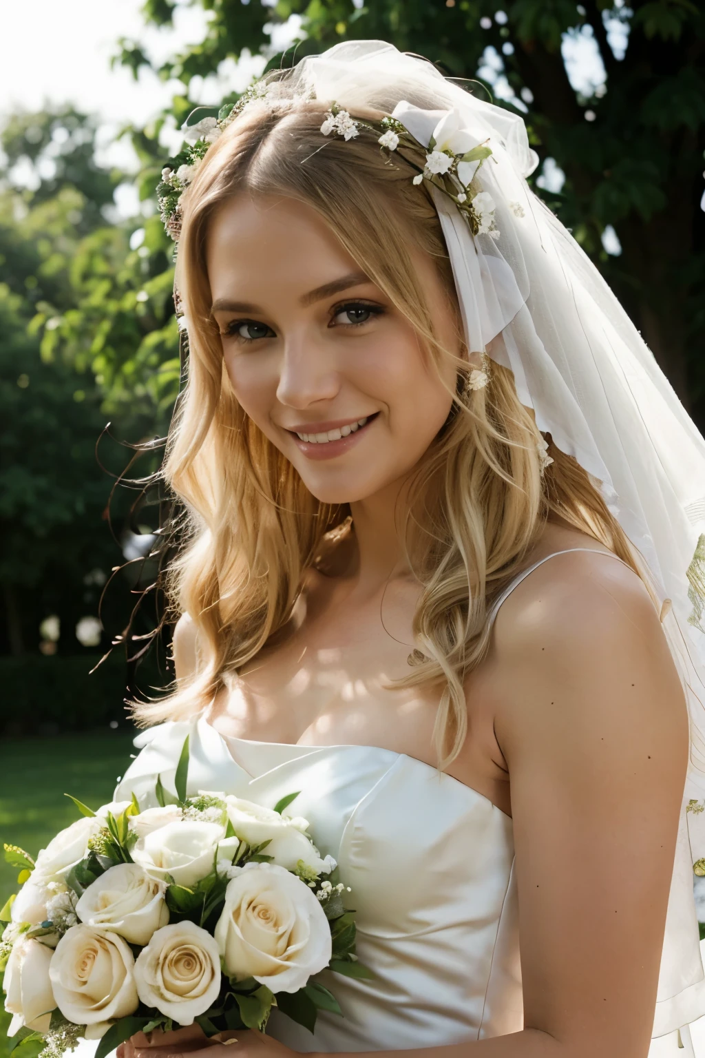 happiness, wedding dress, flowers, bride, blonde hair