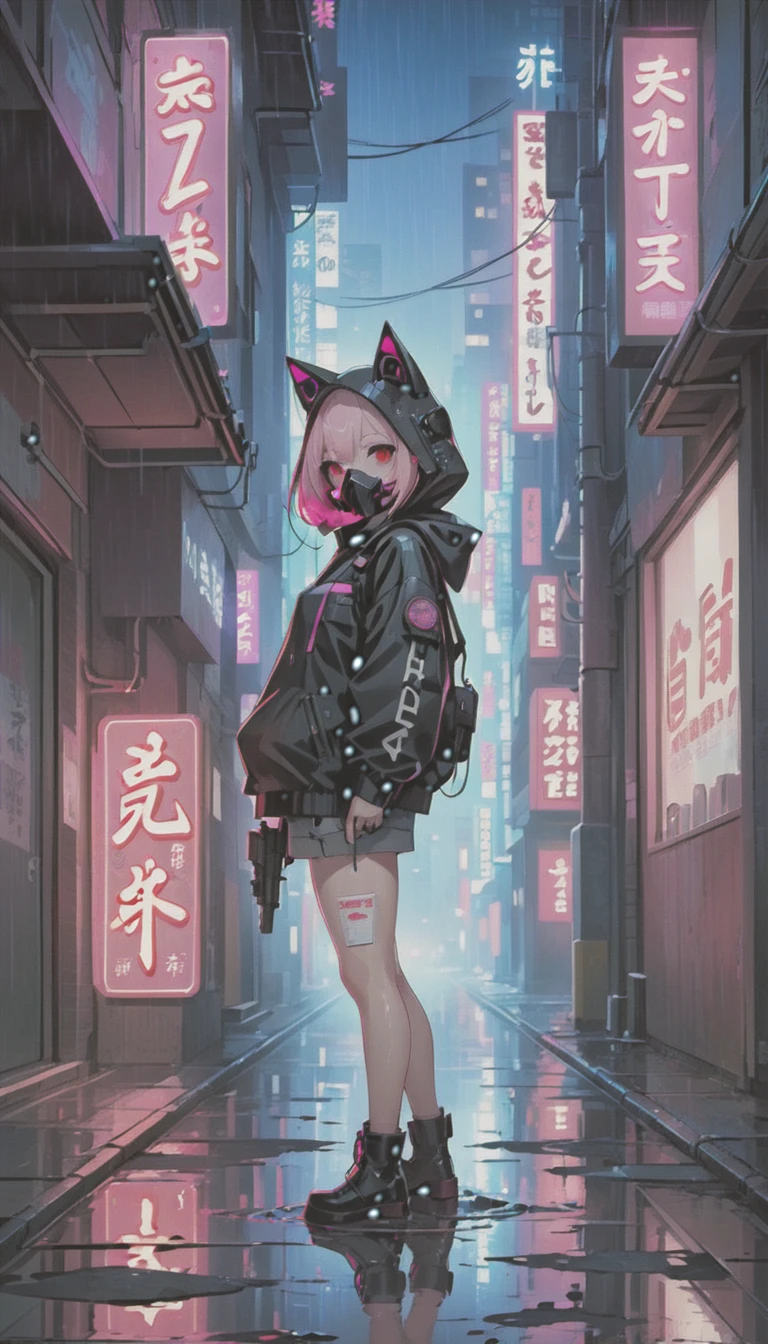 cyber punk，Cute Armed Girl，cute girl，cat ear hood，bob，The inner color of the hair is pink，Blood on the face，Adhesive plaster on the knee，Neon Blue Shadows，Neon pink highlights，neon sign，Very narrow alley，ごみ箱の上にCrow，Black cat，kabukicho，Underground，downtown at night，city，future city，Lots of Japanese neon signiscellaneous，night rain，get wet in the rain，Reflected in a puddle，Mechanical Townscape，雑居ビルにneon sign，Electric wires are strung all over the place.，100 electric wires，night town，Crow，railgun，Pointing a Gun，A gas mask like Casshern，Red eyes glowing，end of the century，Make the neon shine brightly，Overall dark，Increase saturation