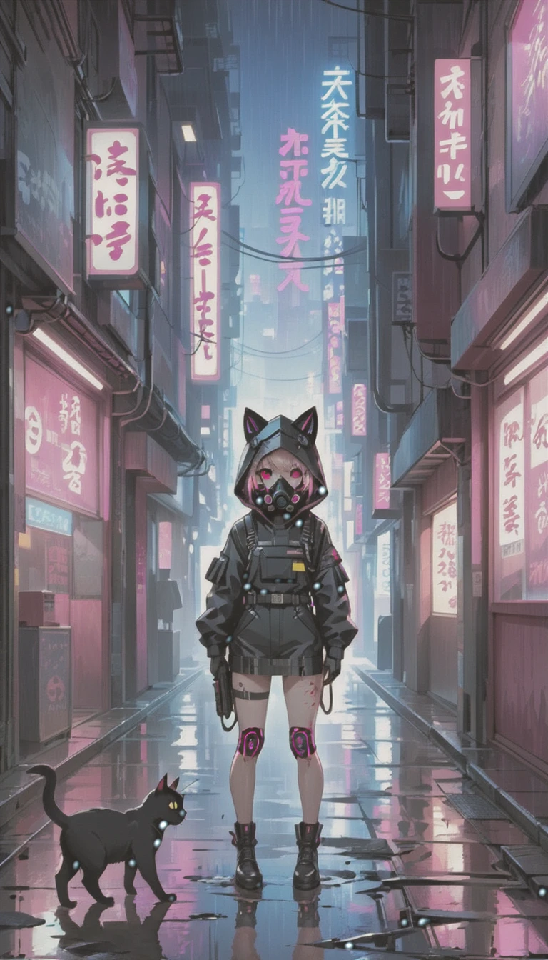 cyber punk，Cute Armed Girl，cute girl，cat ear hood，bob，The inner color of the hair is pink，Blood on the face，Adhesive plaster on the knee，Neon Blue Shadows，Neon pink highlights，neon sign，Very narrow alley，ごみ箱の上にCrow，Black cat，kabukicho，Underground，downtown at night，city，future city，Lots of Japanese neon signiscellaneous，night rain，get wet in the rain，Reflected in a puddle，Mechanical Townscape，雑居ビルにneon sign，Electric wires are strung all over the place.，100 electric wires，night town，Crow，railgun，Pointing a Gun，A gas mask like Casshern，Red eyes glowing，end of the century，Make the neon shine brightly，Overall dark，Increase saturation