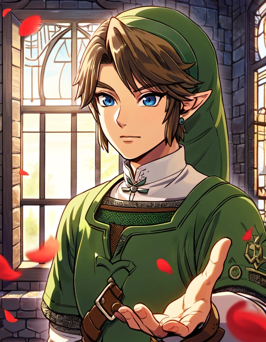 absurdres, highres, ultra detailed, HDR), master piece, best quality, Link, dark brown hair, expressive dark blue eyes, the legend of zelda twilight princess, 1man, handsome, green tunic, green hat, window, moon, red petals