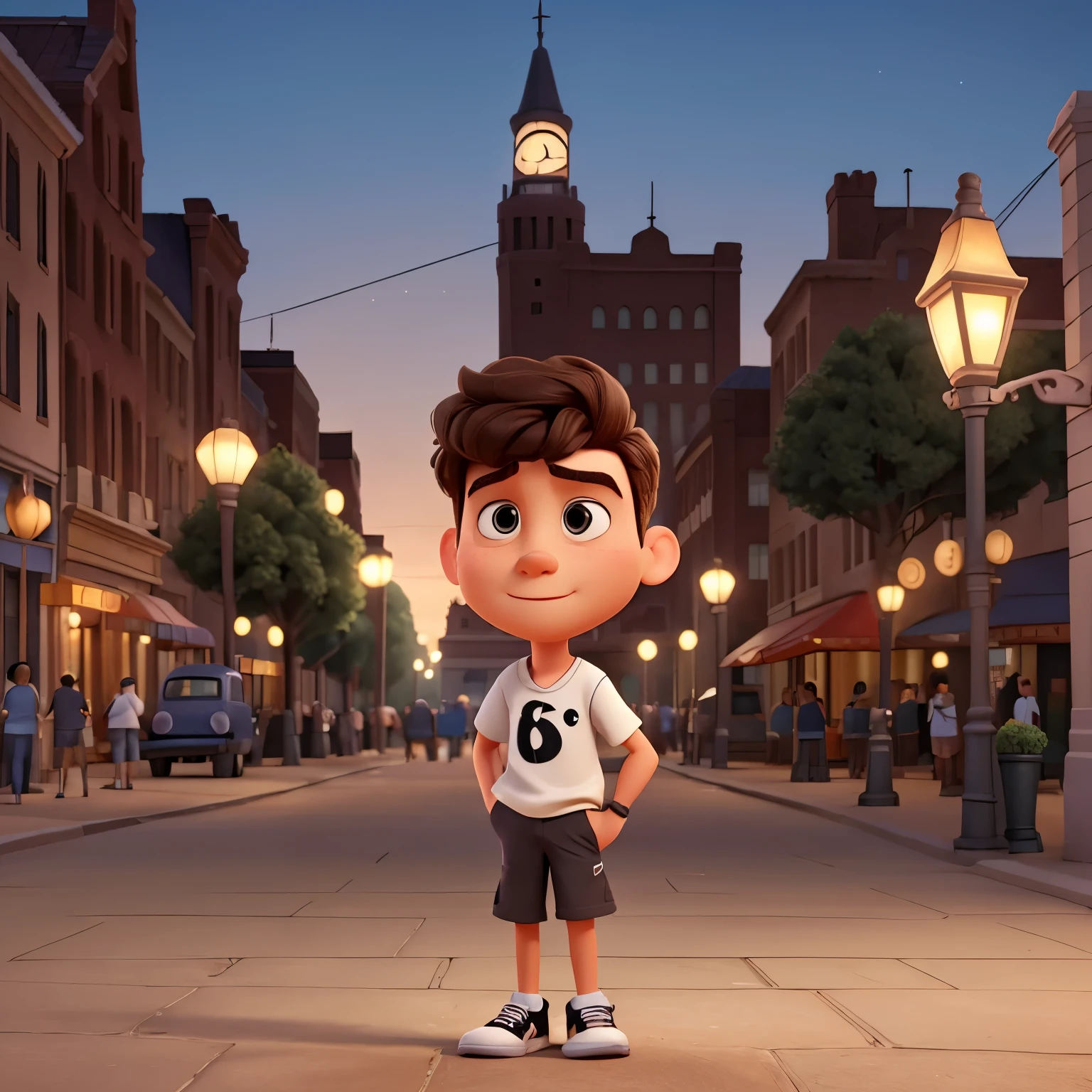 Pixar 3D style poster of a young man with black tennis shoes, old-fashioned street lamps