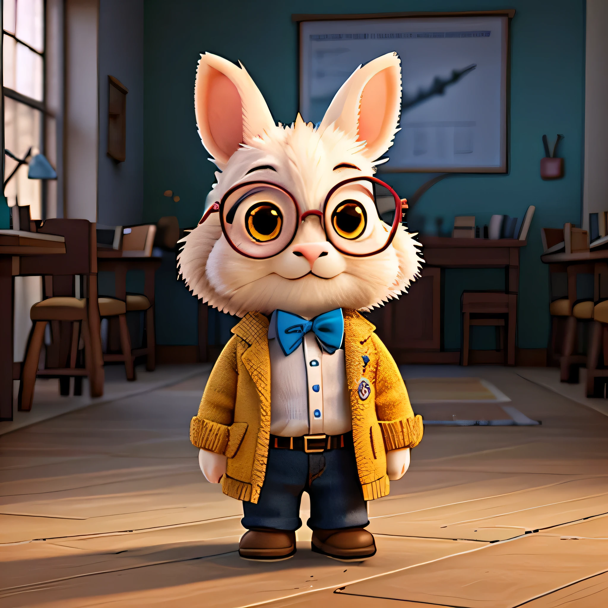 8k, obra de arte, realista, Rabbit Themed Plush Animal, Cute stuffed animal, A teacher-like rabbit wearing small round black-rimmed glasses, the white lenses of the glasses have a cross written on them, e orelhas curtas fofas. Um coelho ereto, um coelho com uma grande cara redonda, uma jaqueta rosa, uma gravata borboleta com bolinhas azuis em tecido amarelo, uma textura fofa, button maker Iris character "Irie", a symmetrical face,
