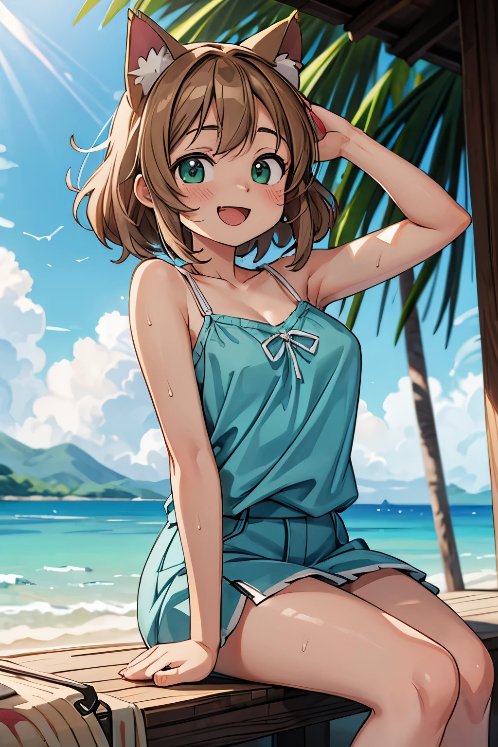 (masutepiece, 1girl in, hight resolution, kinomoto_Sakura, Green eyes, Wearing (two piece white swimsuit ), Good mood, Very detailed, full of details, in beach, Cinematic lighting),Oldest girl,Sexy,Ero,,